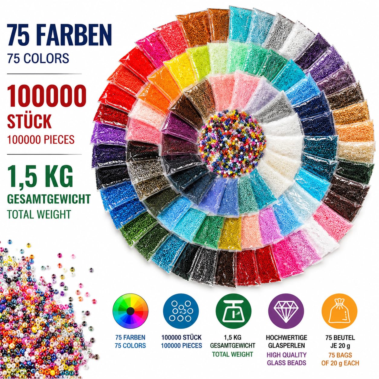 Set di perline per fai da te, ricami e decorazioni, in stile rocaille, in 75 colori, perline da 2 mm, in vetro, 1,5 kg, rotonde, 100.000 pezzi
