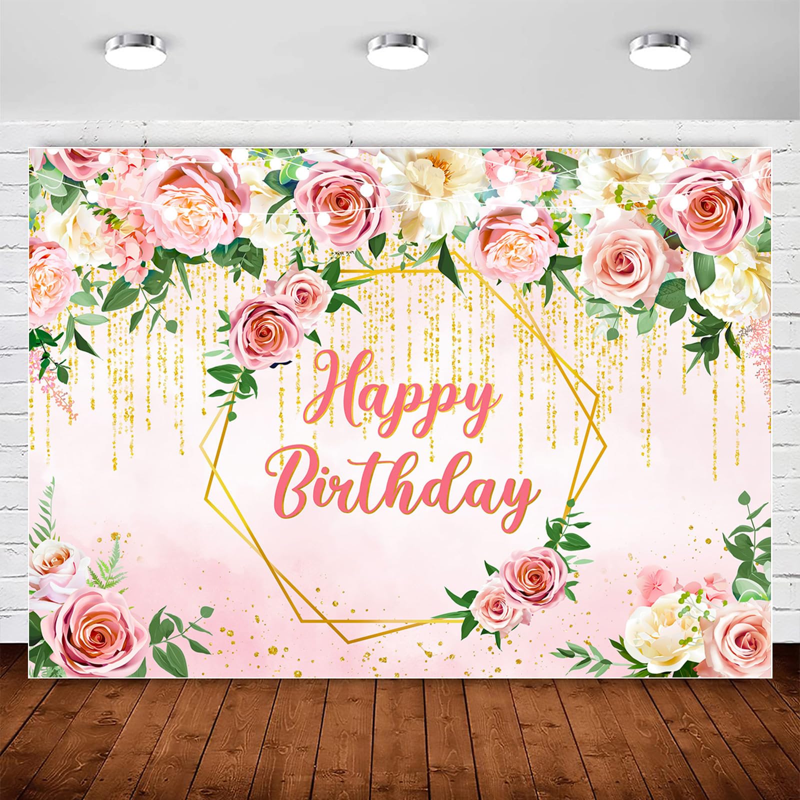 InMemory Pink Rose Flower Happy Birthday Backdrop Banner Decorations for Women,Pink Gold Floral Birthday Backdrops Sign Photography Background for