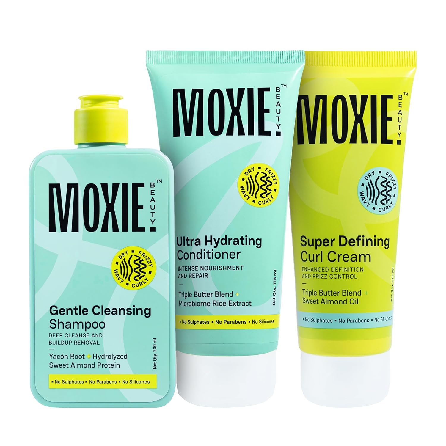 Moxie Beauty Just-The-Essentials Curly Trio | Boosts Curl Definition & Retains 96% Moisture | Gentle Cleansing Shampoo (200ml), Ultra Hydrating Conditioner (175ml) & Super Defining Curl Cream (120ml) Moxie Beauty Just-The-Essentials Curly Trio | Boosts Curl Definition & Retains 96% Moisture | Gentle Cleansing Shampoo (200ml), Ultra Hydrating Conditioner (175ml) & Super Defining Curl Cream (120ml)