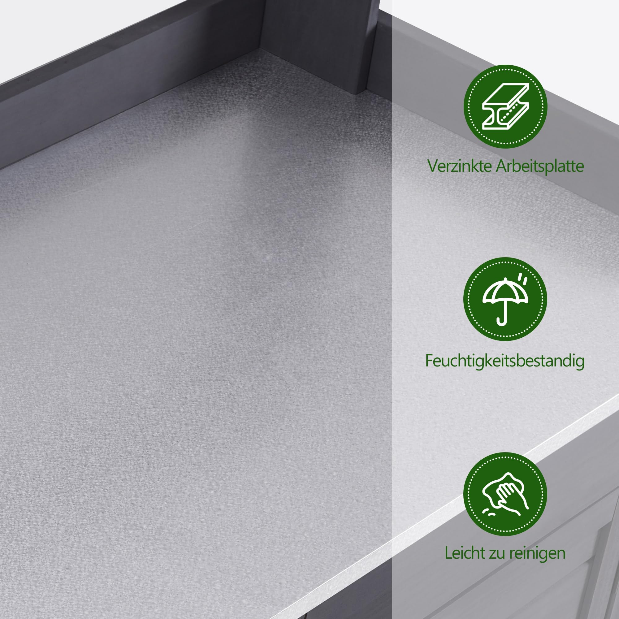 M MCombo Pflanztisch mit Schublade, Ablage, Verzinkter Arbeitsplatte & Schrank, Gärtnertisch Wetterfest mit 3 Haken, Blumentisch Massivholz für Garten, Balkon & Terrasse, 48 x112 x 126 cm, 0440 (Grau)