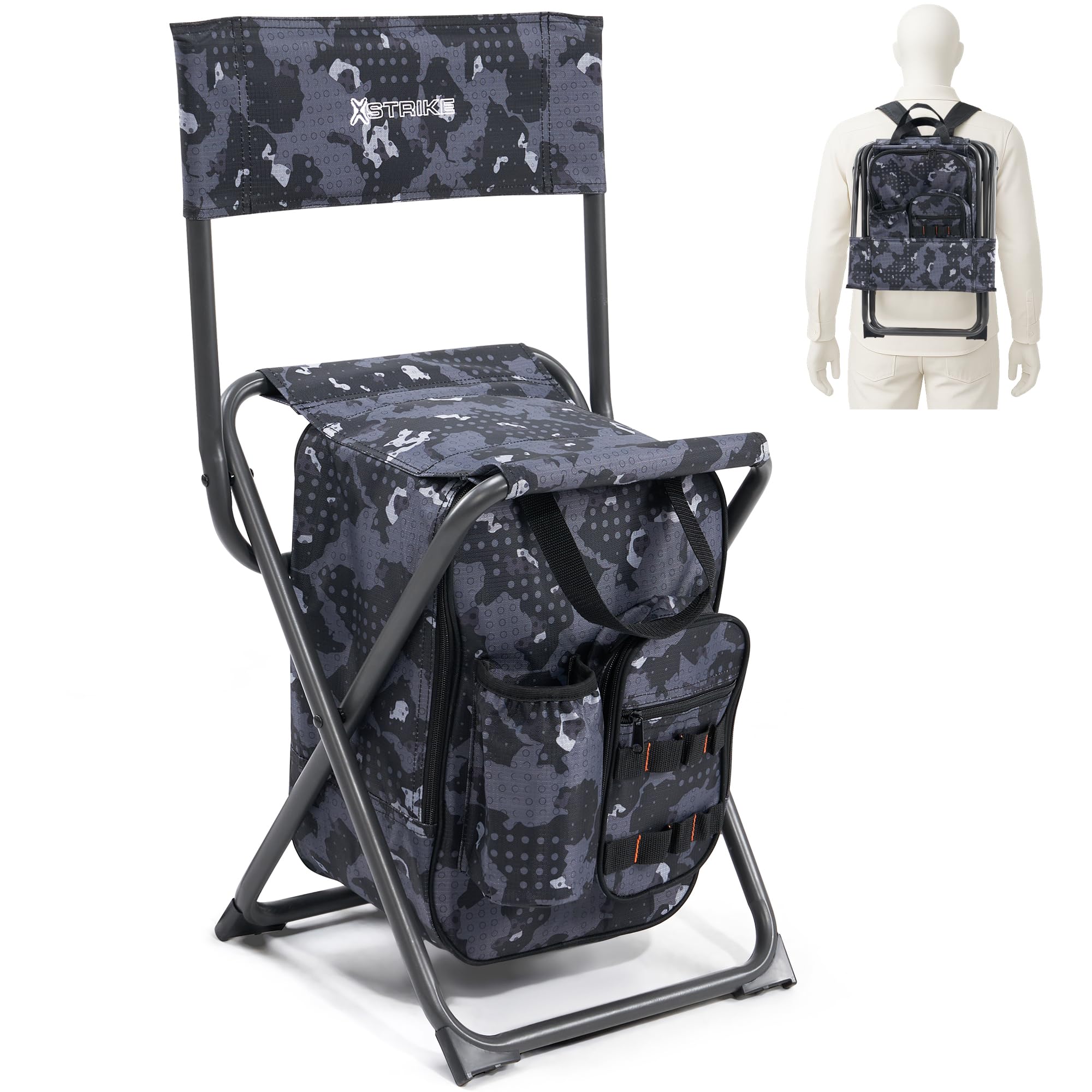 x strike backpack fishing chair with cooler bag and backrest, folding camping stool for adults up to 350 lbs, portable lightweight for hunting, hiking, outdoors