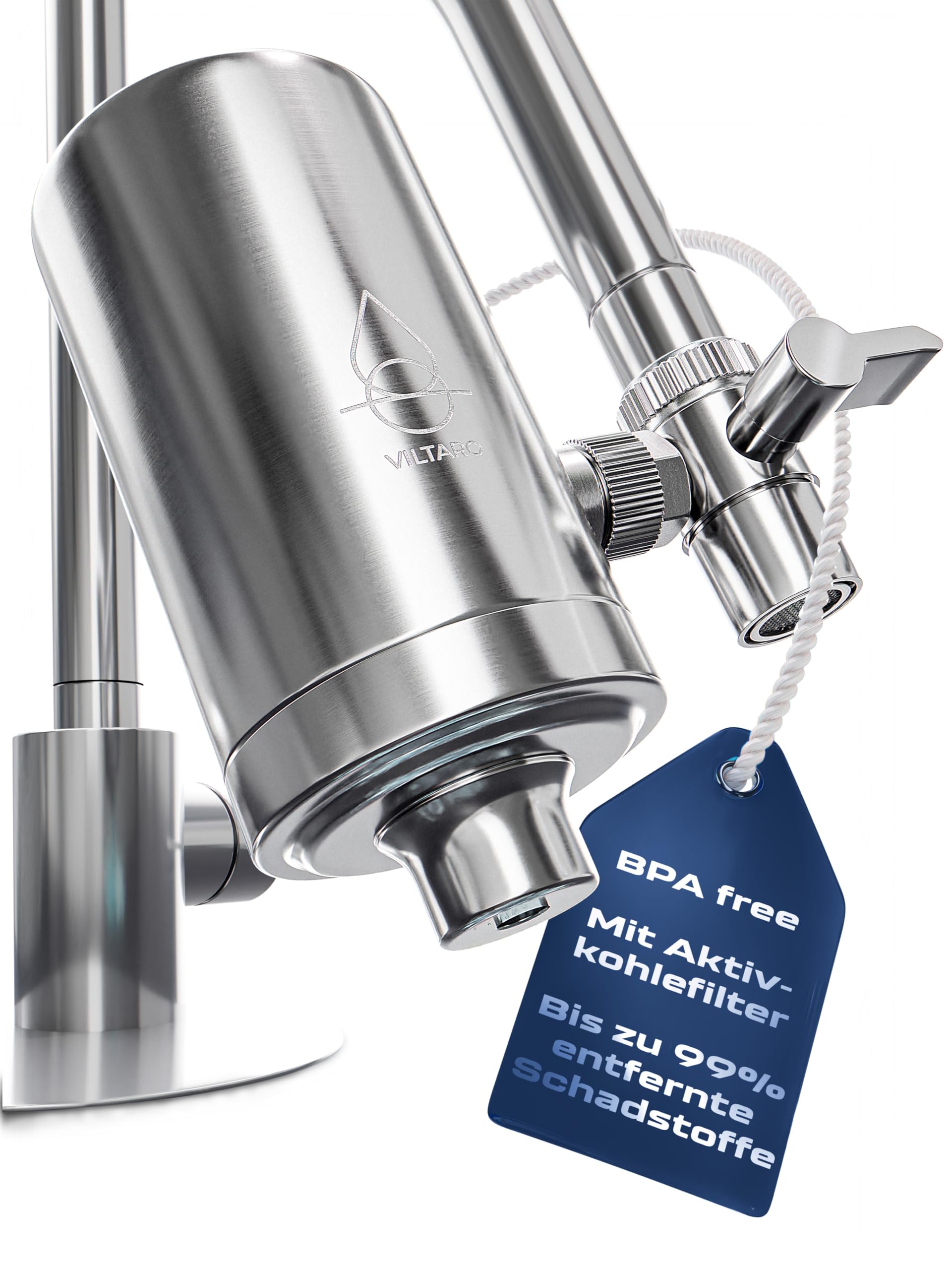 VILTARO® Wasserfilter Wasserhahn – nur 2 Cent/Liter Trinkwasser, BPA-frei, Edelstahl, wassersparender Strahlregler, Aktivkohle | Filter Wasserhahn, Wasserhahnfilter für Trinkwasser, Water Filter Tap