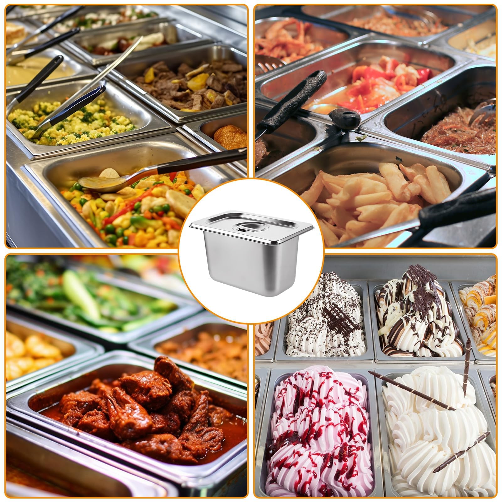 Lot de 4 Bac Gastronorme GN 1/9 avec Couvercle, Récipient Alimentaire en Acier Inoxydable 176x108x100mm, Plat Inox pour Chafing Dish et Restauration