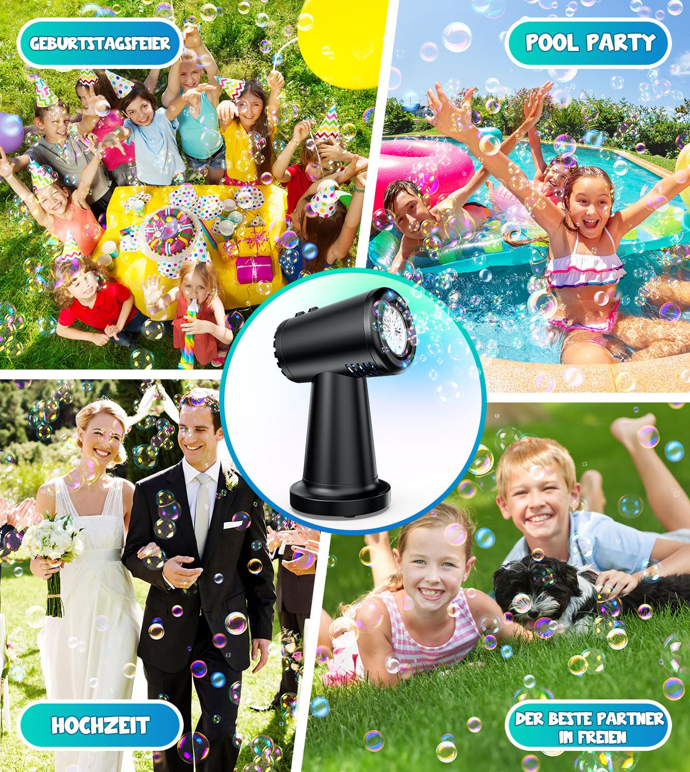 Seifenblasenmaschine Akku Automatischer 90°/180° Drehbare Seifenblasenmaschine 20000+ Blasen/Min Tragbare Blasenmaschine mit Lichter Elektrisches Blasenspielzeug für Hochzeit Kinder Seifenblasen Party