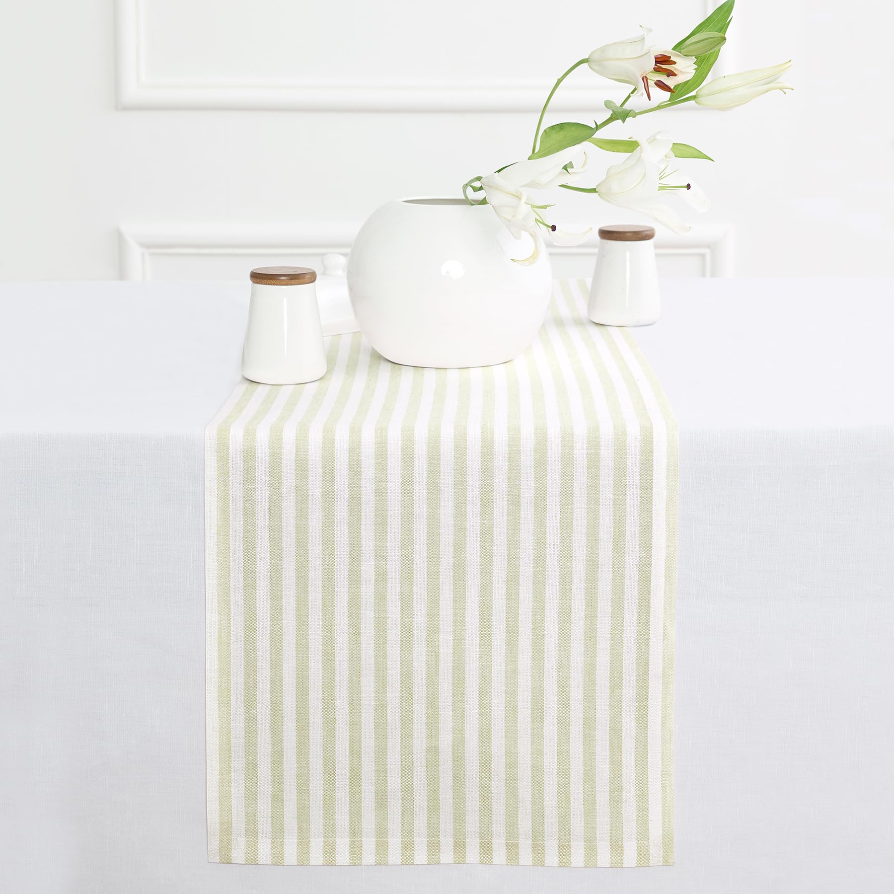 Solino Home Striped Linen Table Runner 60 Inches - Amalfi Stripe, 100% Pure Linen Sage and White Small Table Runner 14 x 60 Inch Ideal for Dresser and