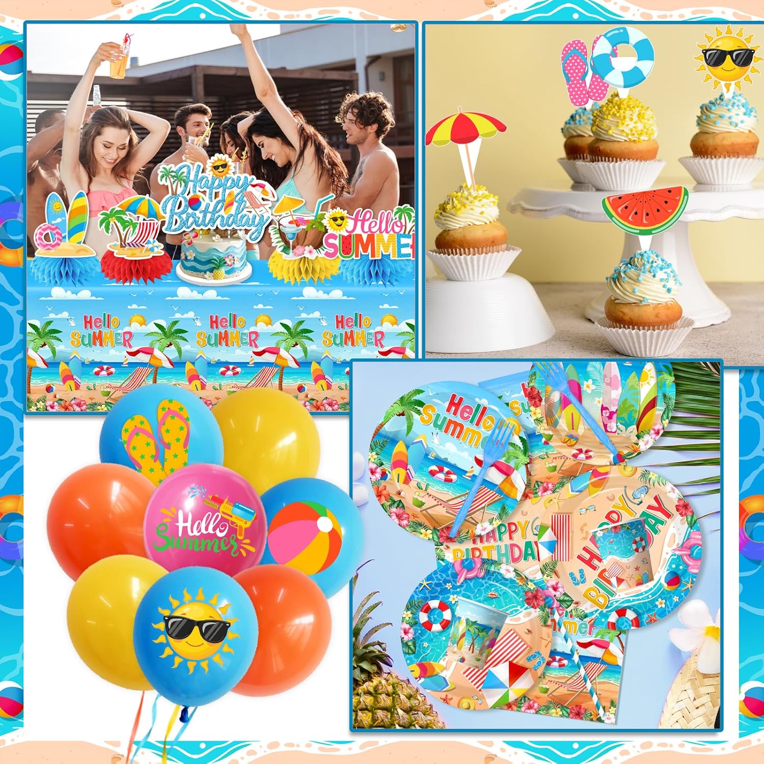 Beach Birthday Decorations Hello Summer Party Tableware Disposable Paper Plates,Napkins,Tablecloth,Cups,Balloon,Cake Topper,Banner for Hawaiian Summer Pool Themed Birthday Party Supplies,Serve 24