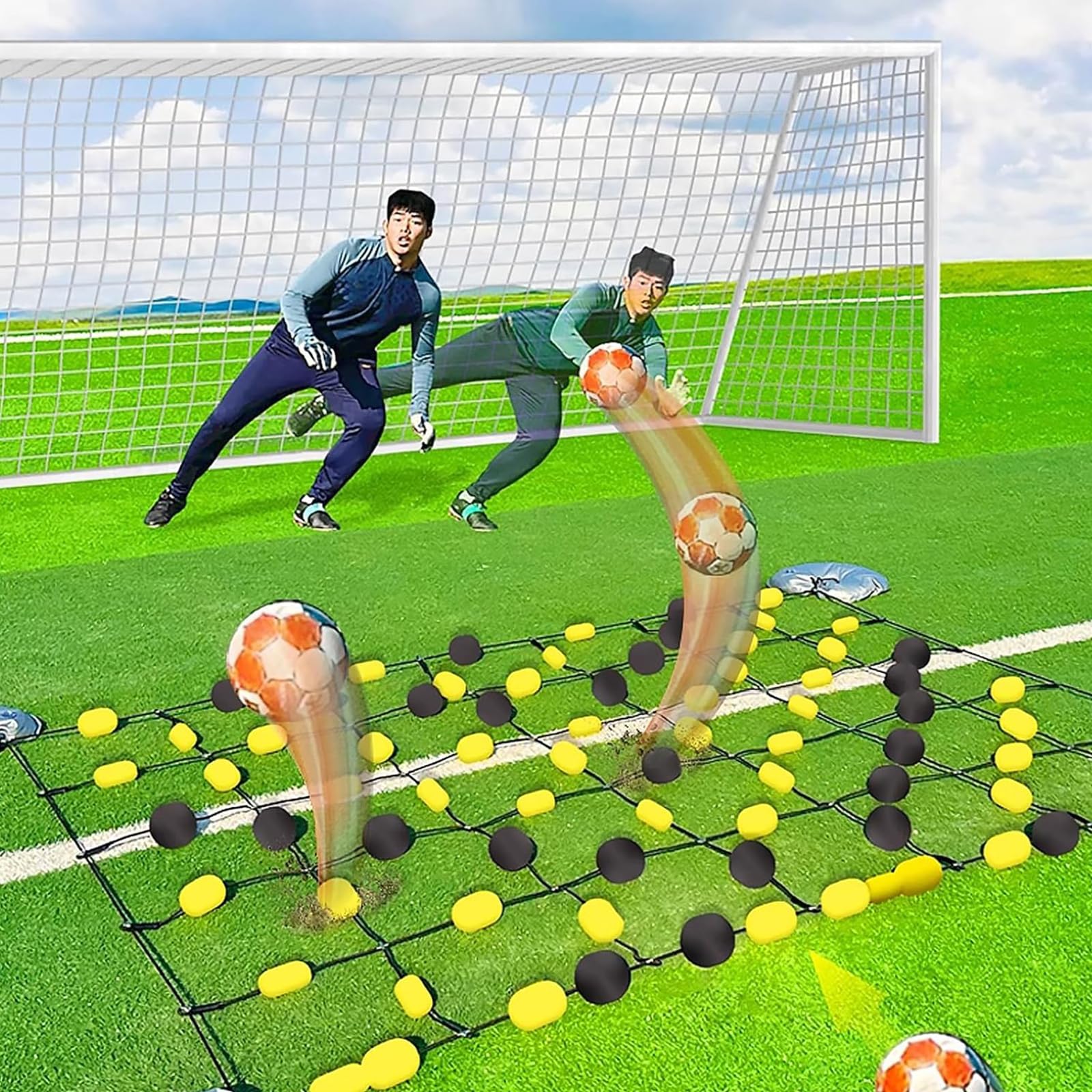 Torwart-Trainingsgerät für Fußball – Bodenmatrix/Einlinien-Deflektor für Reflex, Agilität und Ballkontrolle mit Wasserbeuteln, Tragetasche und Trainingszubehör