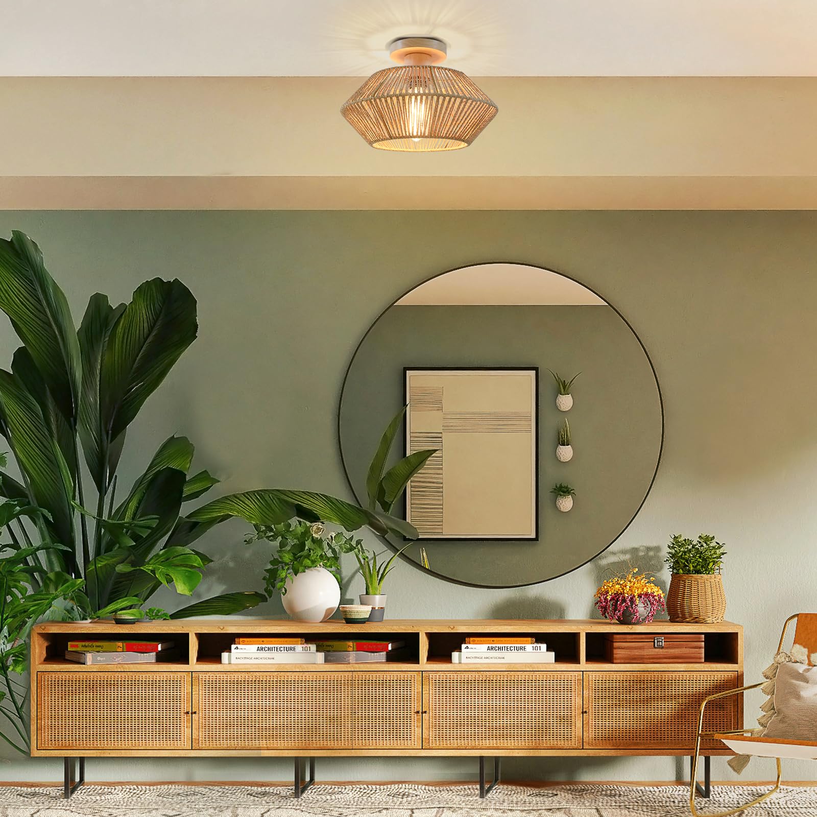 Plafoniera Soffitto Camera da Letto Boho in Rattan, Lampadario Soffitto Intrecciato a Mano a 1 Luce, Plafoniere da Soffitto in Legno per Fattoria per Soggiorno, Cucina, Ingresso, Corridoio