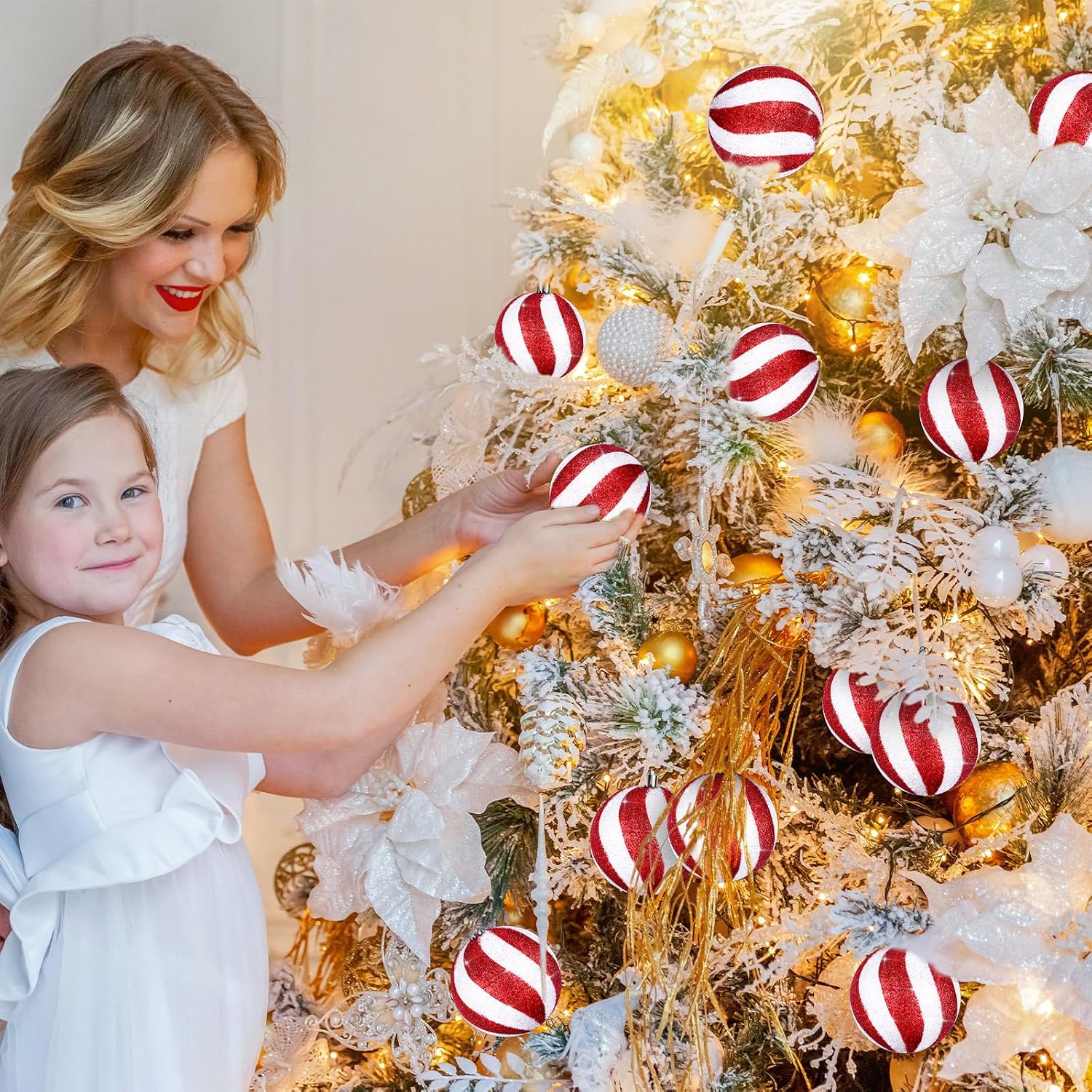 Liliful 12 Pieces 3.15 Inches Christmas Balls Ornaments Glitter Christmas Tree Decorations Plastic Painted Xmas Baubles Decorations for Xmas Swirl Hanging Ornaments Decor(White and Red)