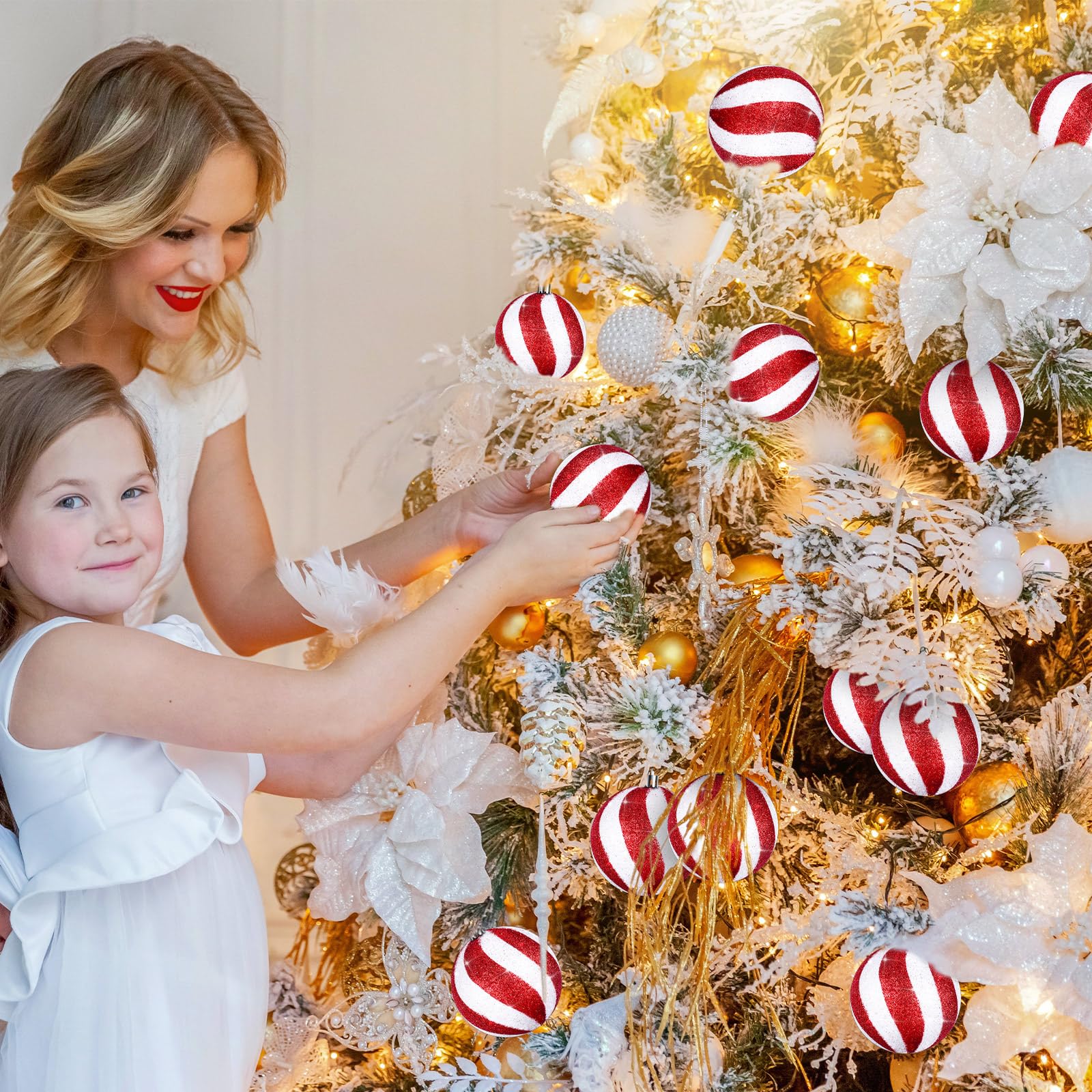 Liliful 12 bolas de Navidad de 3.15 pulgadas, adornos con brillantina, decoraciones de árbol de Navidad pintadas de plástico, adornos para decoración colgante de remolino de Navidad (blanco y rojo)