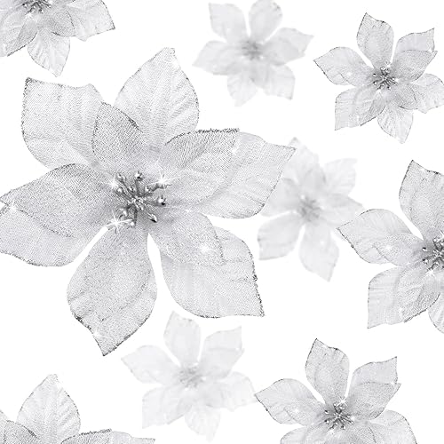 24 piezas de flores de pascua con brillantina para Navidad de 3 tamaños, flores de imitación para bodas, adornos navideños para el árbol de Navidad,