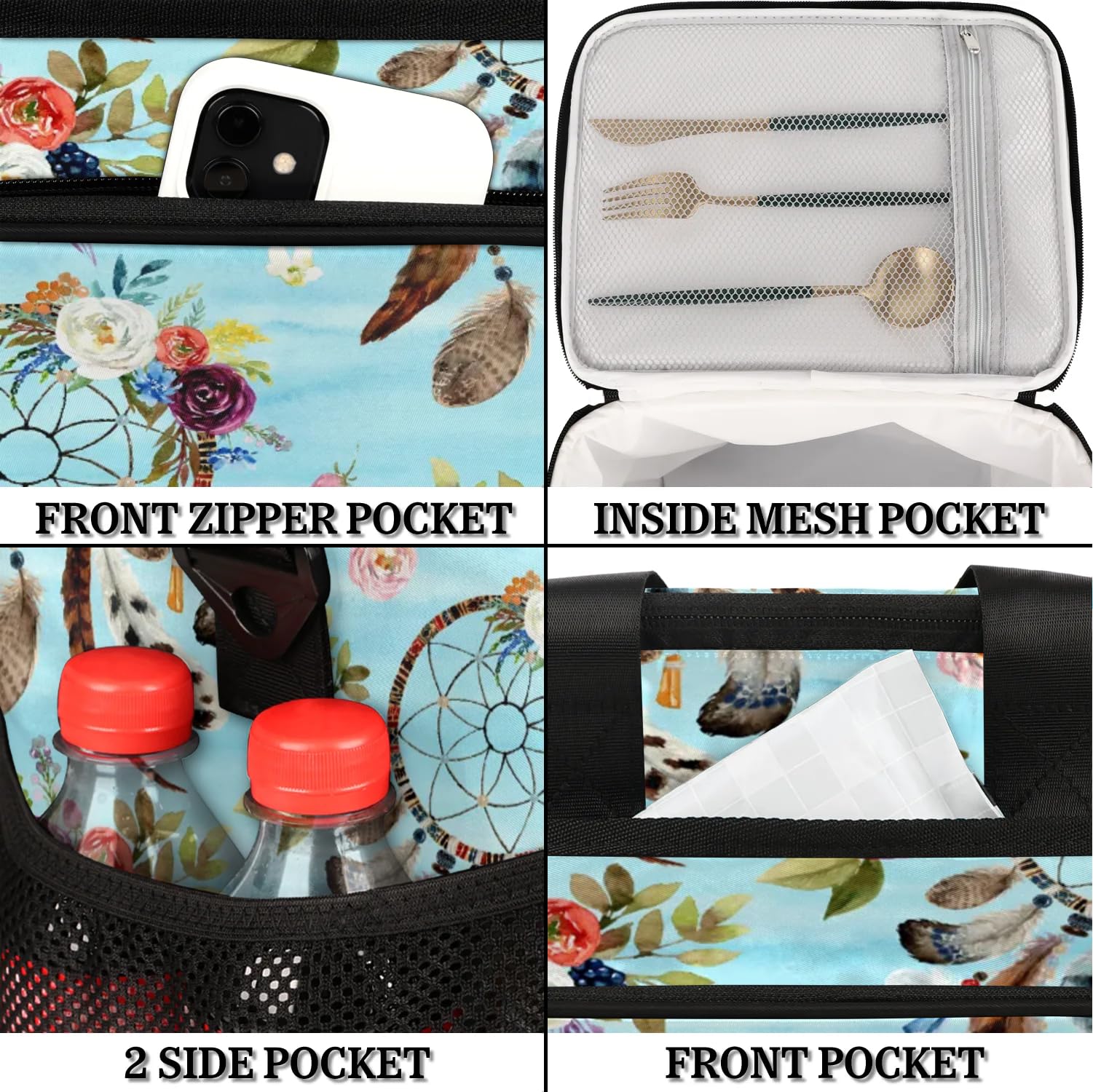 Grand sac à déjeuner isotherme pour adultes, hommes, femmes, enfants, filles, garçons, motif attrape-rêves ethniques, sac isotherme pour le travail, le pique-nique, le barbecue