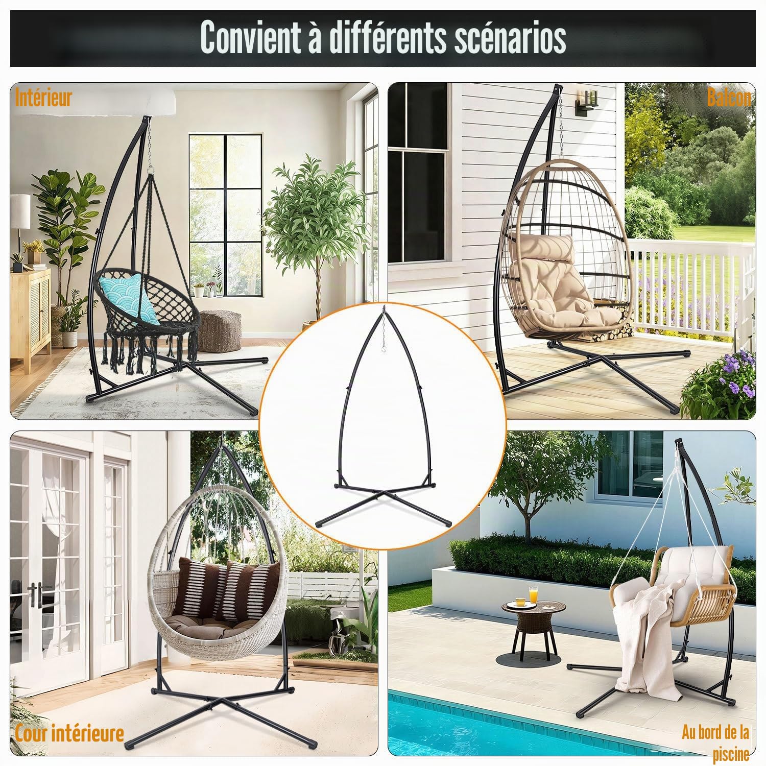 Armature de chaise suspendue 150 kg, en métal, support de siège suspendu avec structure stable, support de hamac pour siège suspendu, support en tube d'acier de 215 cm, pour l'intérieur et