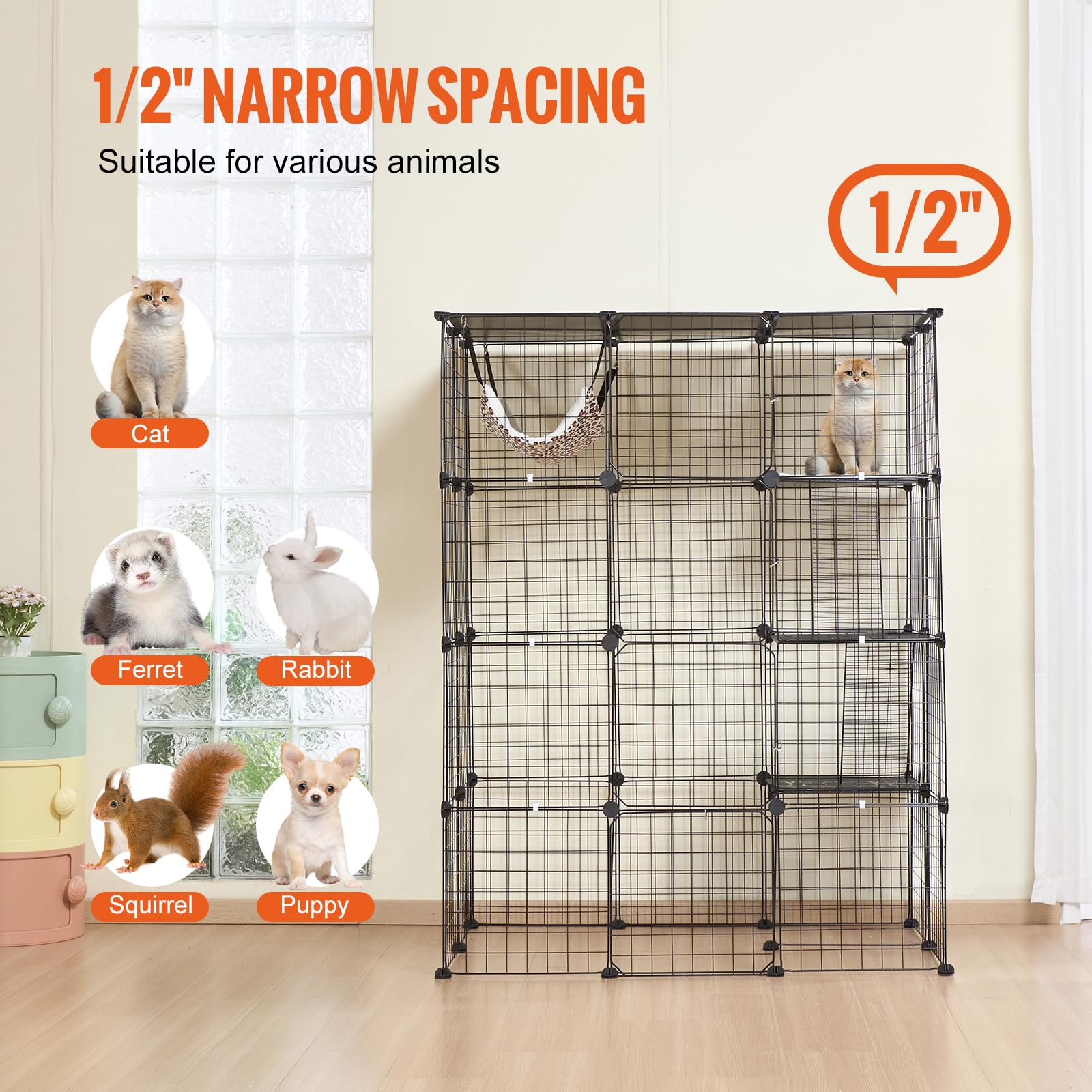 VEVOR Cage Chat 4 Niveaux, Grand Enclos Chats Fil Métallique Modulable Amovible à Monter, avec 4 Portes Avant, Échelle, Hamac, Espace Exercice Extérieur Intérieur pour Petits Animaux, 1041x711x1397 mm