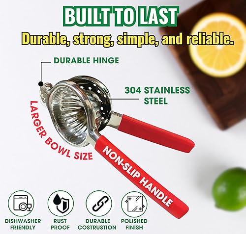 Miniatura 2 de Exprimidor de limón de mano de acero inoxidable, exprimidor de limón, exprimidor de lima con tamaño de tazón grande y asas antideslizantes,