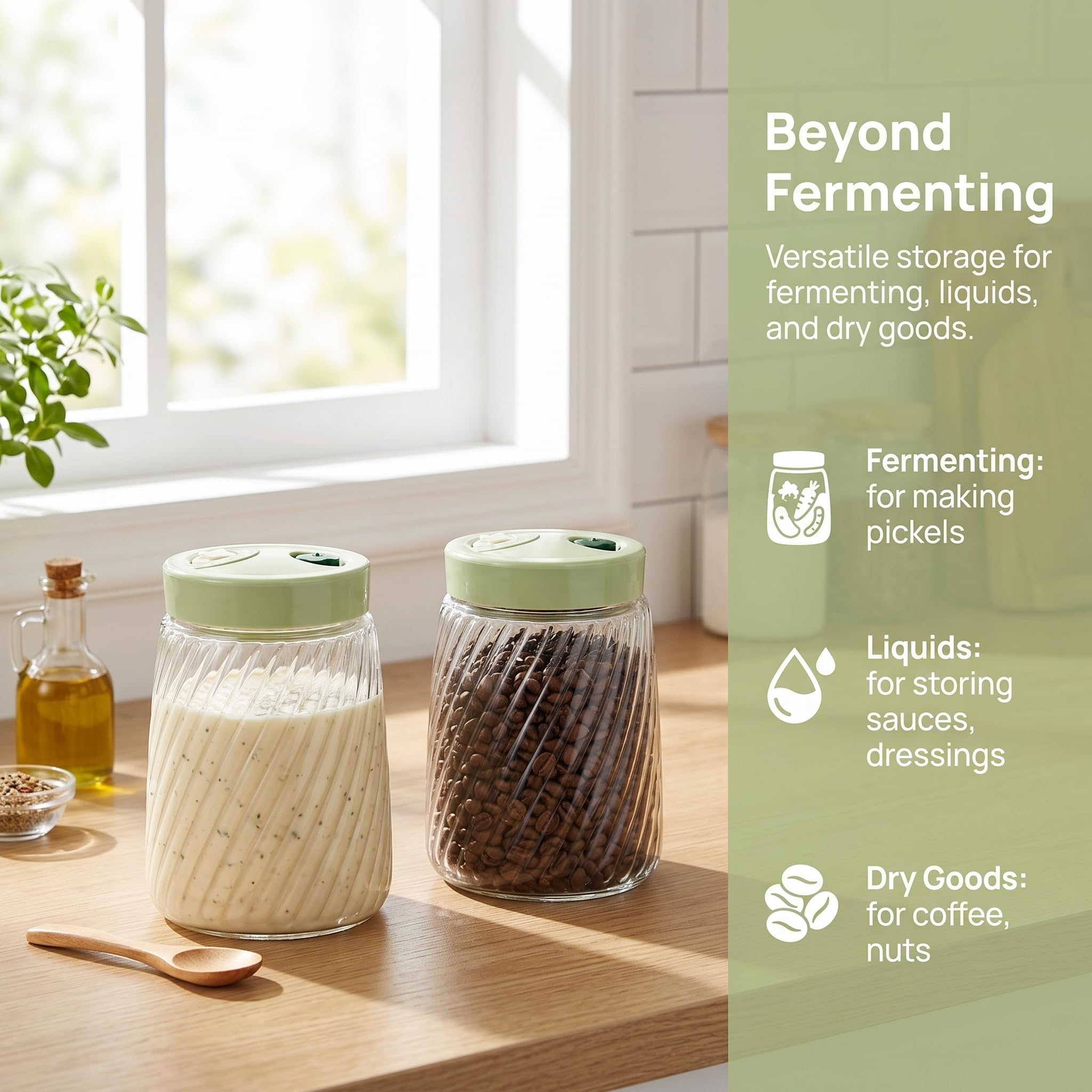 2 PCS Tarros de Fermentación de Cristal 1.4L con Doble Válvula de Aire, Pesos y Clips de Bambú, Fermentador de Kimchi, Chucrut y Kéfir, Tarro Hermético para Conservas, Frutos Secos y Miel