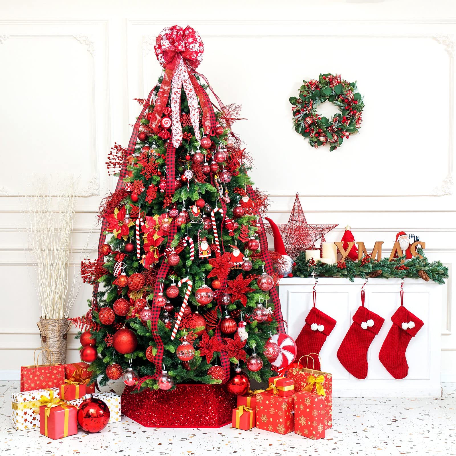 XmasExp Base per collare per albero di Natale, 85,1 cm, con paillettes, per decorare la casa, misura grande, 6 pezzi, rosso