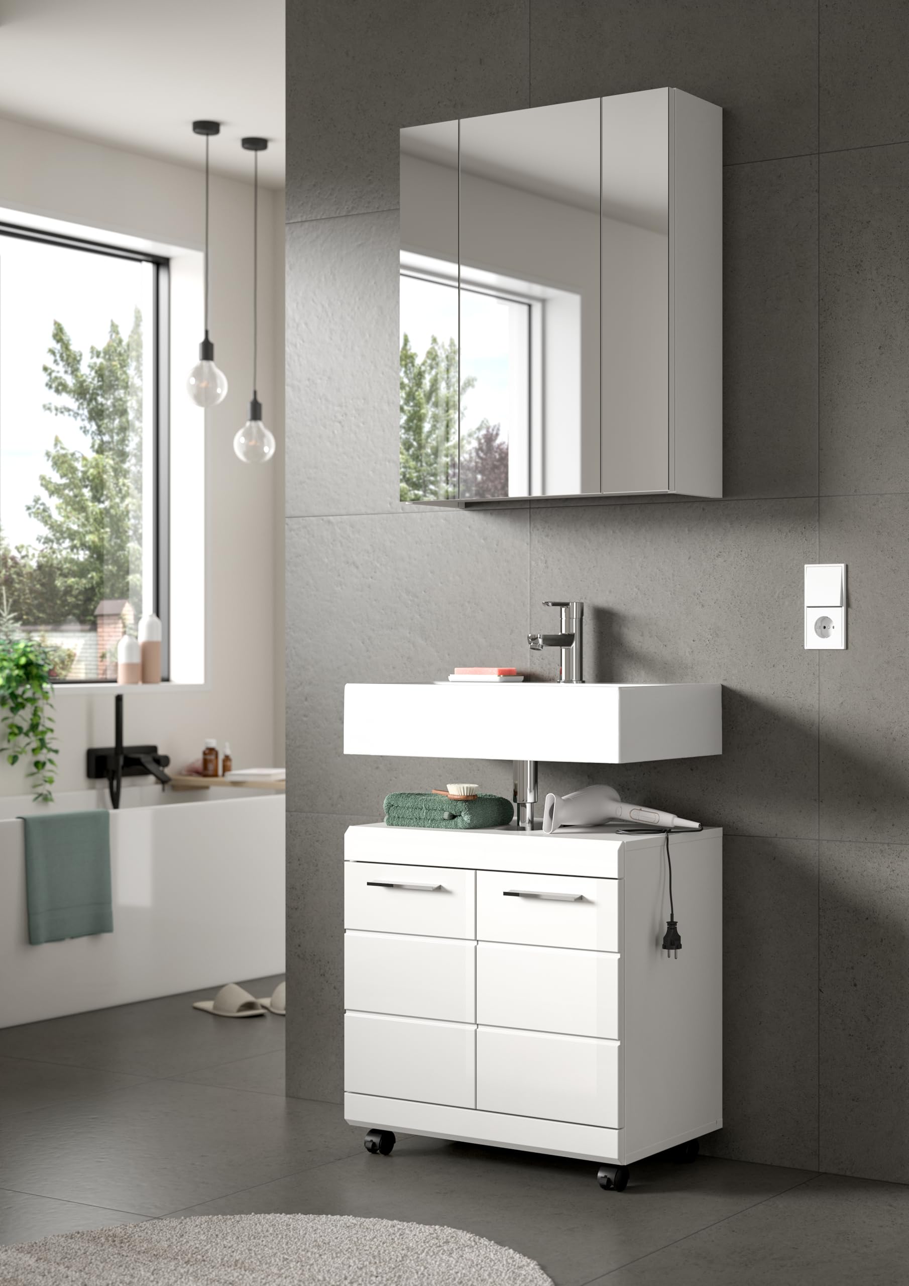 xonox.home – Waschbeckenunterschrank Scout 60x60x34 cm in Weiß Hochglanz – Mobiler Badschrank auf Rollen mit Feststeller – Moderner Unterschrank für eine Elegante & Flexible Badaufbewahrung