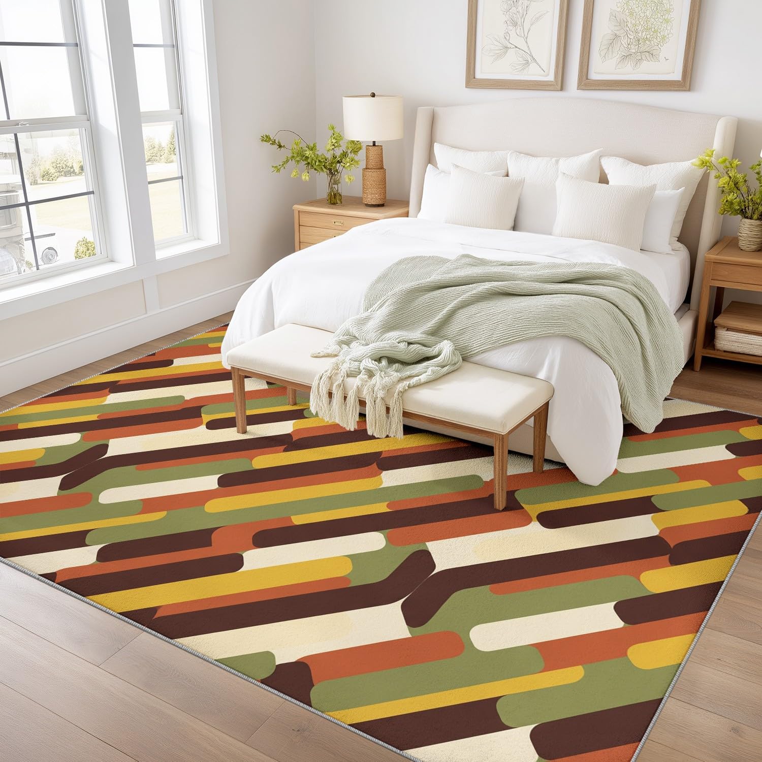 Tappeto lavabile per soggiorno, 140 x 200 cm, soffice per camera da letto, antiscivolo, a pelo basso, morbido, vintage, moderno, motivo geometrico per salotto
