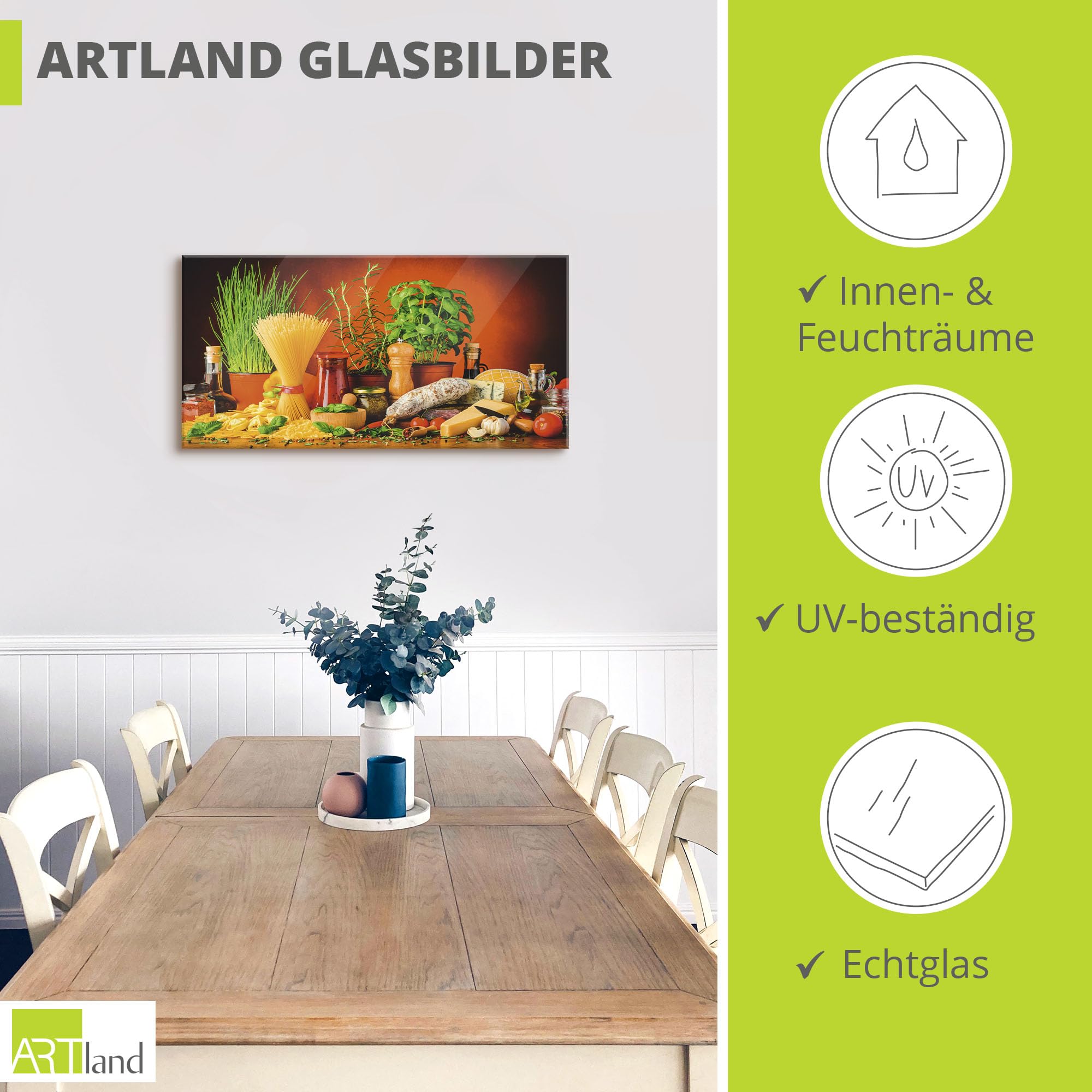 ARTland Wanddeko Glasbilder Wandbild Glas Bild einteilig 80x60 cm Querformat Toskana Italien Dolce Vita Pasta Gemüse Kräuter Gewürze Mediterran S7SM