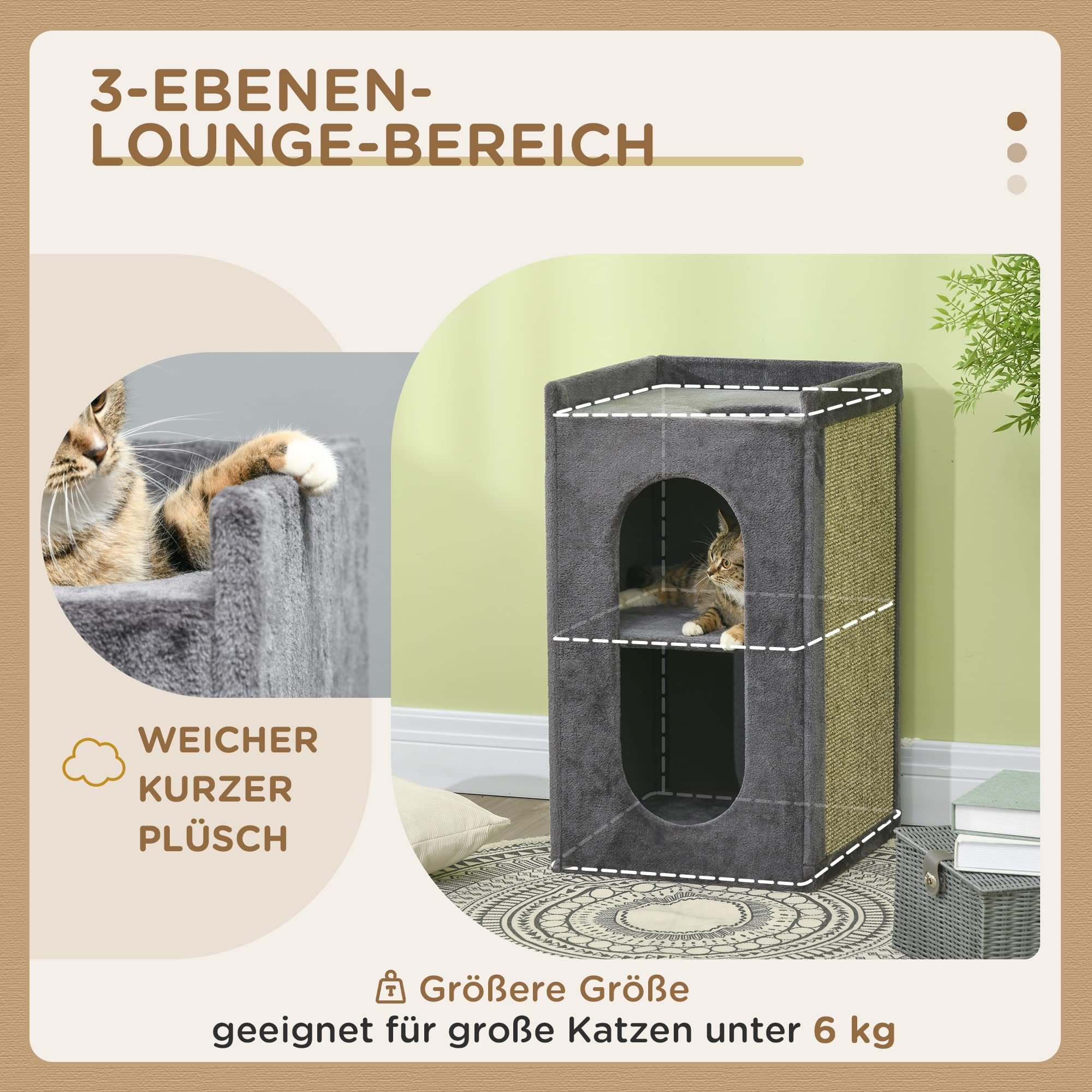 PawHut Kratztonne, 81 cm hoch Katzentonne mit 2 Höhle, Kratzbaum mit Kratzbrett, Katzenturm mit 2 Ebenen, für Katze bis 6 kg, Dunkelgrau