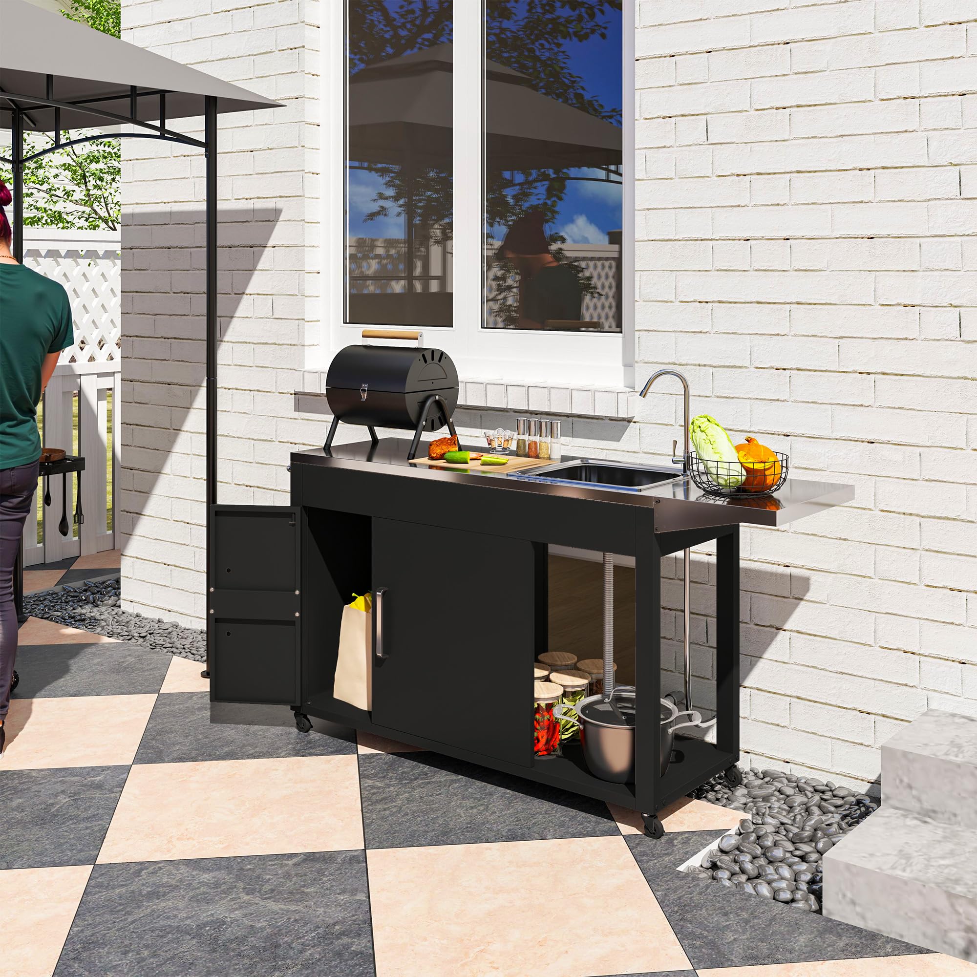 Outsunny Grillwagen Servierwagen mit Arbeitsfläche Seitenblatt Schrank Spüle Räder, BBQ Grilltisch aus Edelstahl, Outdoor Grill Beistelltisch für Garten, Terrasse, Grill 162,5 x 47 x 87cm Schwarz