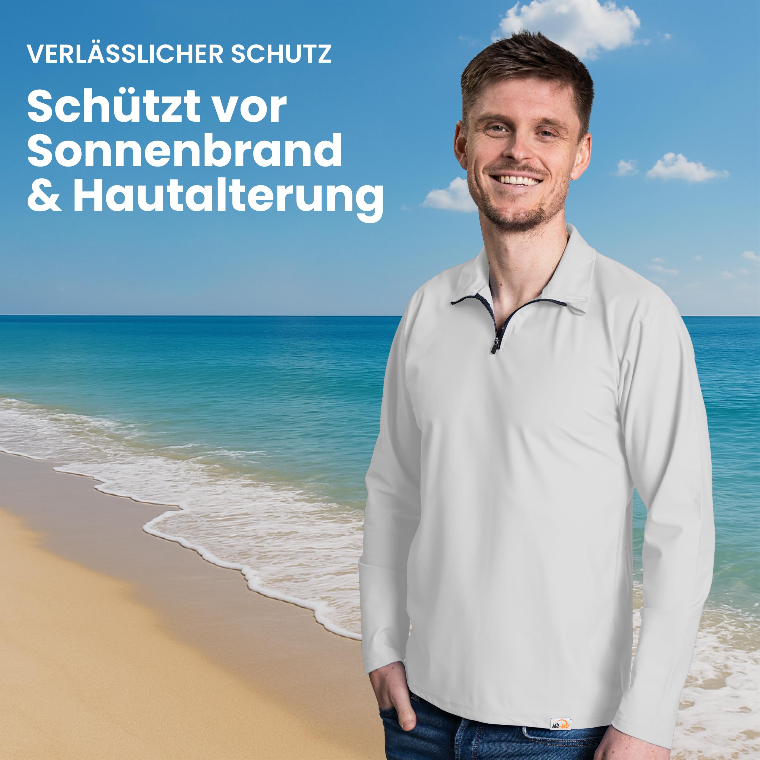 iQ-UV Shirt für Herren Langarm mit Reißverschluss Weiß L – Rashguard für Männer mit Sonnenschutz für Aktiv- und Wassersport – Schwimmshirt – Atmungsaktiv und schnelltrocknend