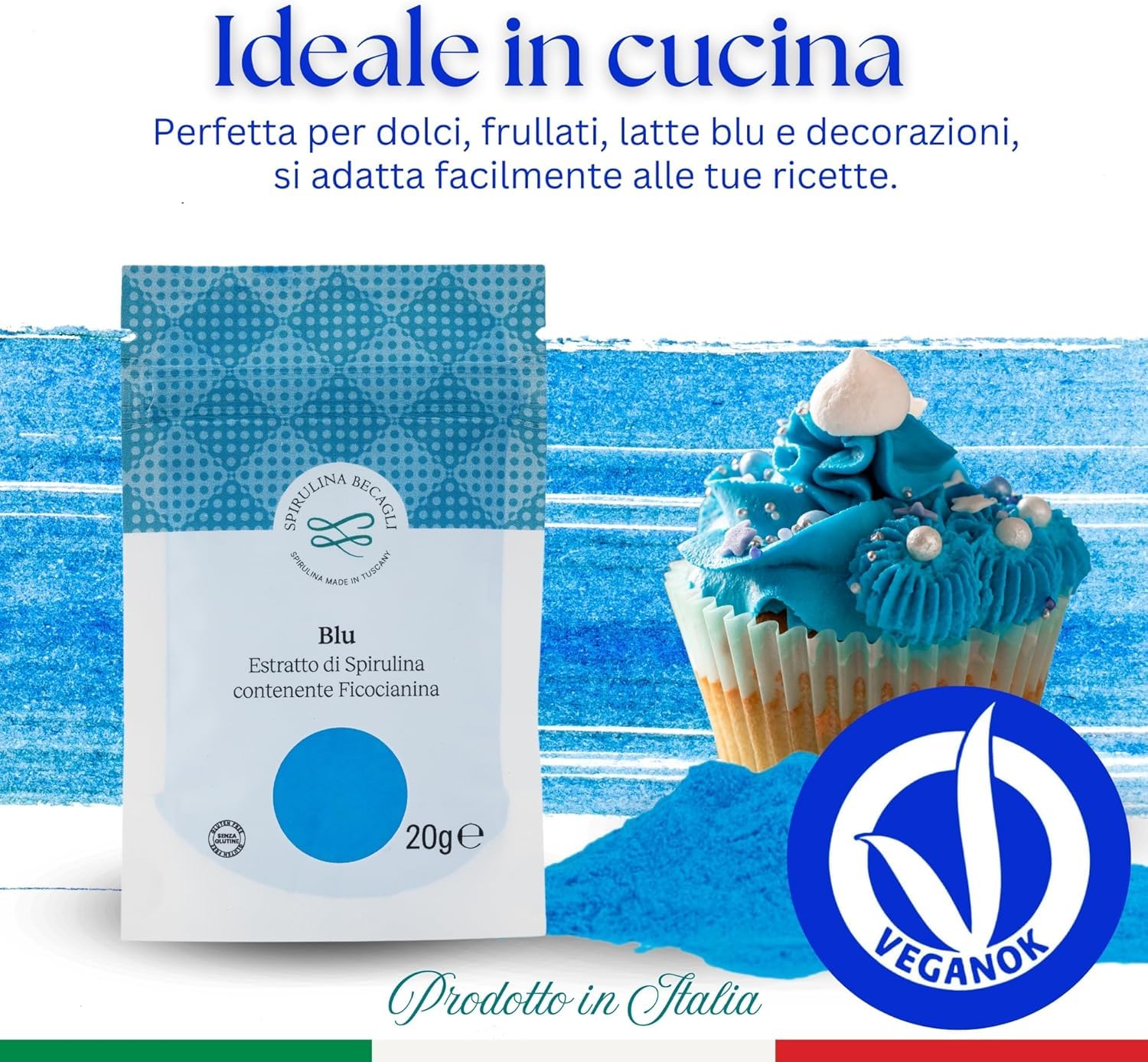 SPIRULINA BECAGLI Spirulina Blu In Polvere 20 g, Colorante Alimentare Naturale A Base Di Ficocianina, Polvere Blu Per Bevande E Preparazioni Alimentari, Made in Italy, Vegan OK (20 gr.)
