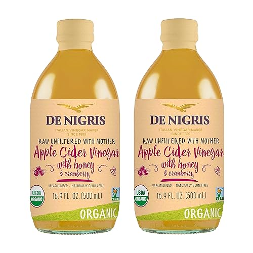 De Nigris Vinagre de sidra de manzana orgánico con miel y arándano, crudo y sin filtrar 16,9 onzas (paquete de 2) Vinagre de sidra de manzana con