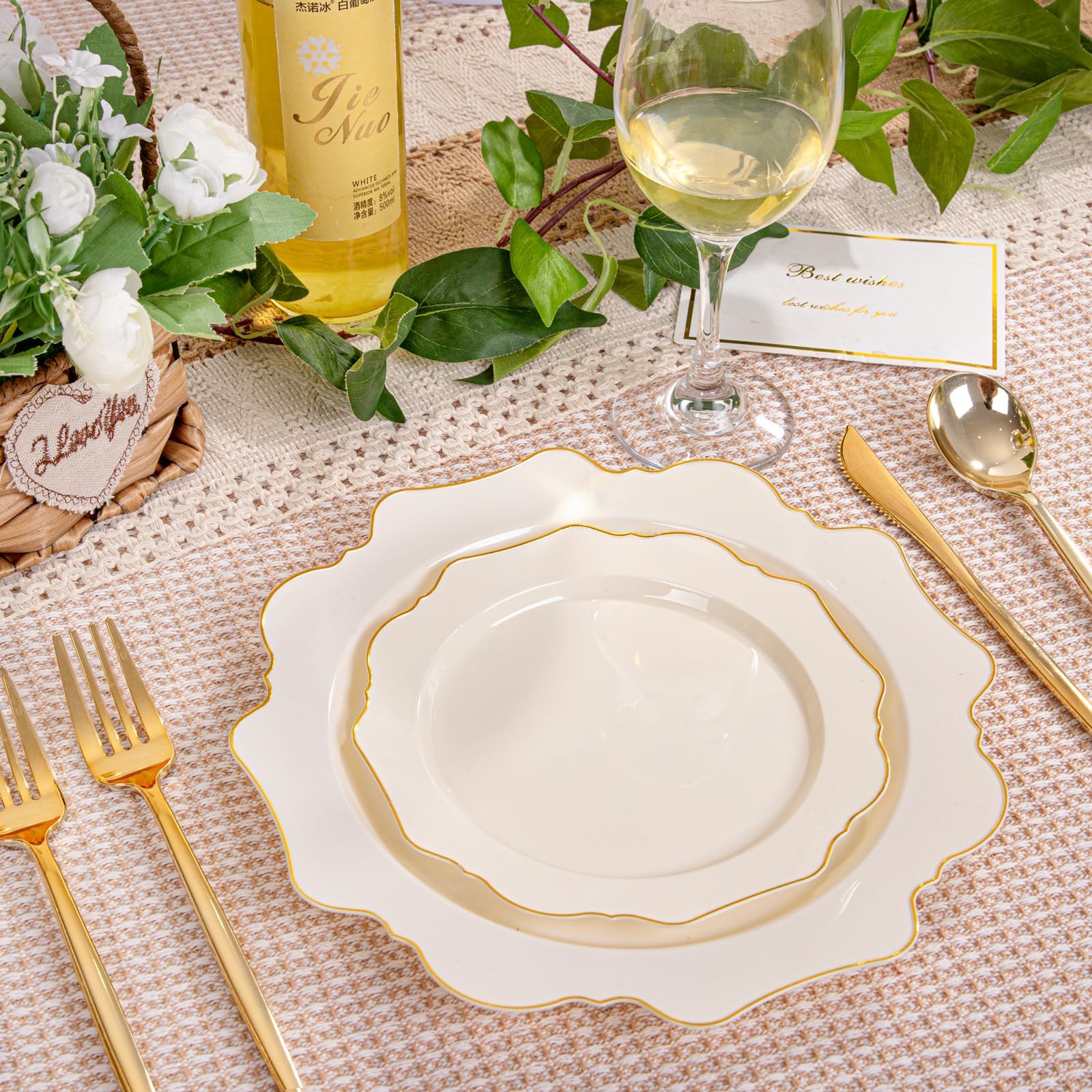 Ivory Gold Rim Plates - 200 Disposable Plates for Parties -2