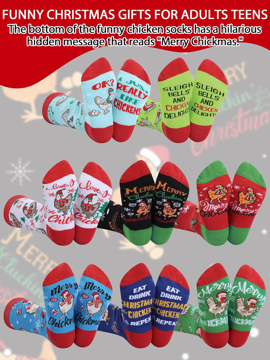 8 Pairs Christmas Chicken Socks for Adults & Teens, Funny Chicken Lover Gift Holiday Cotton Crew Socks Stocking Stuffers for Farmers Farmhouse Keepers - Image 4