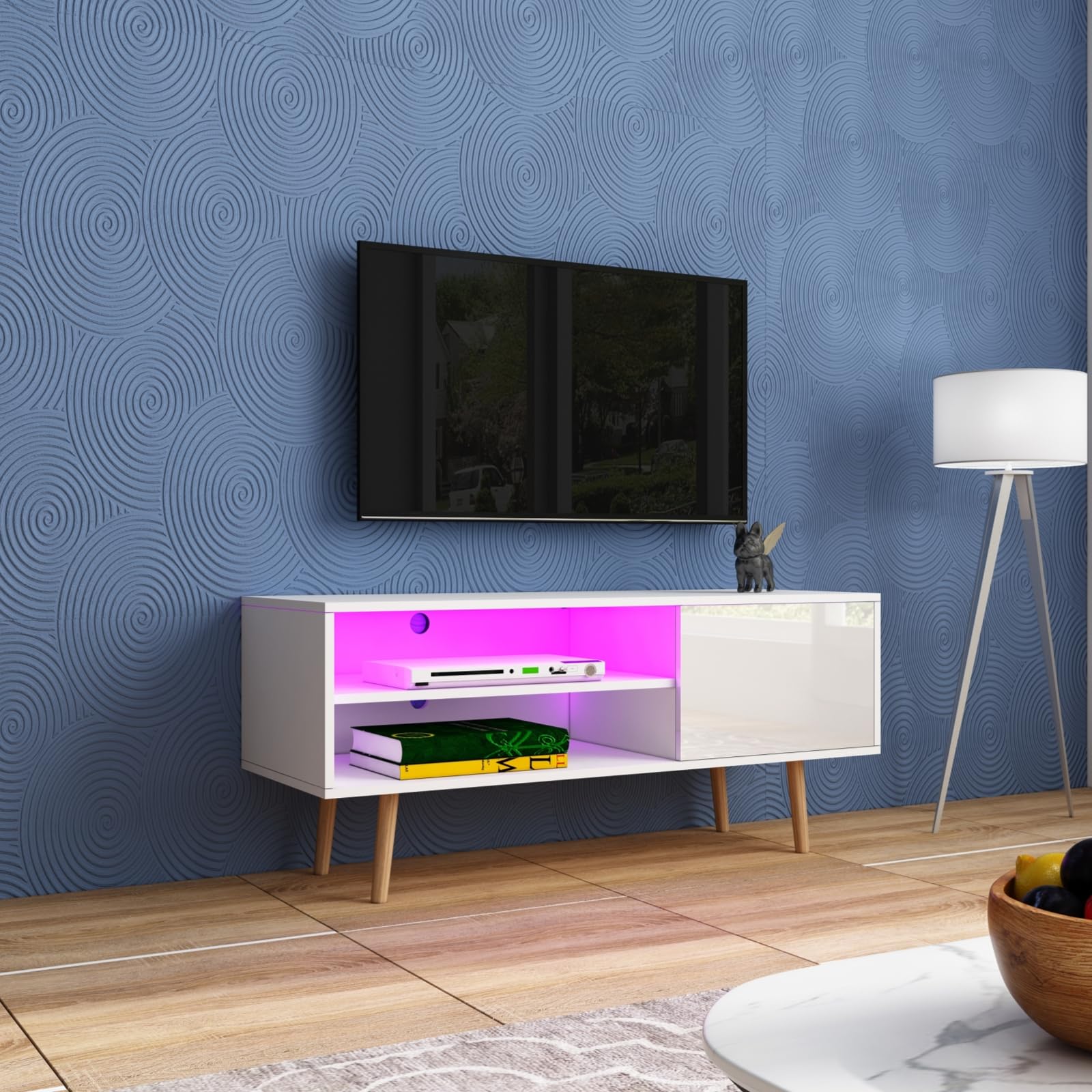 Chebinsiti Modern TV Stand Cabinet for TVs up to 50", LED High Gloss Front TV Unit with 2 Open Shelves and 1 Cabinet, Entertainment Centre, TV Console for Living Room Bedroom,White