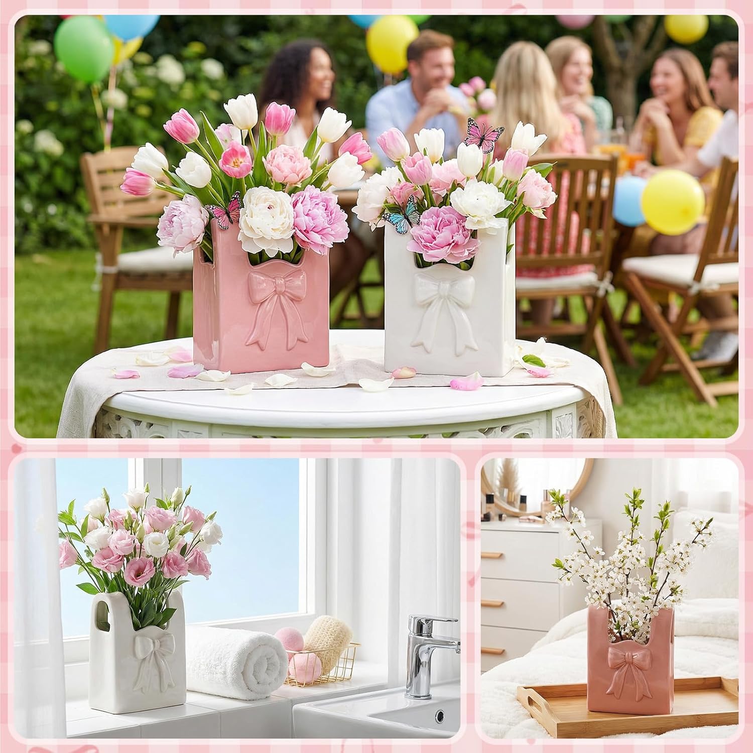 2 Pcs Pink Bow Vase Ceramic Vase Pink and White Vase Makeup Brush Pen Holder Valentine's Day Gifts Women Gift for Wedding Home Office Shelf Table Room (Handbag Bow)