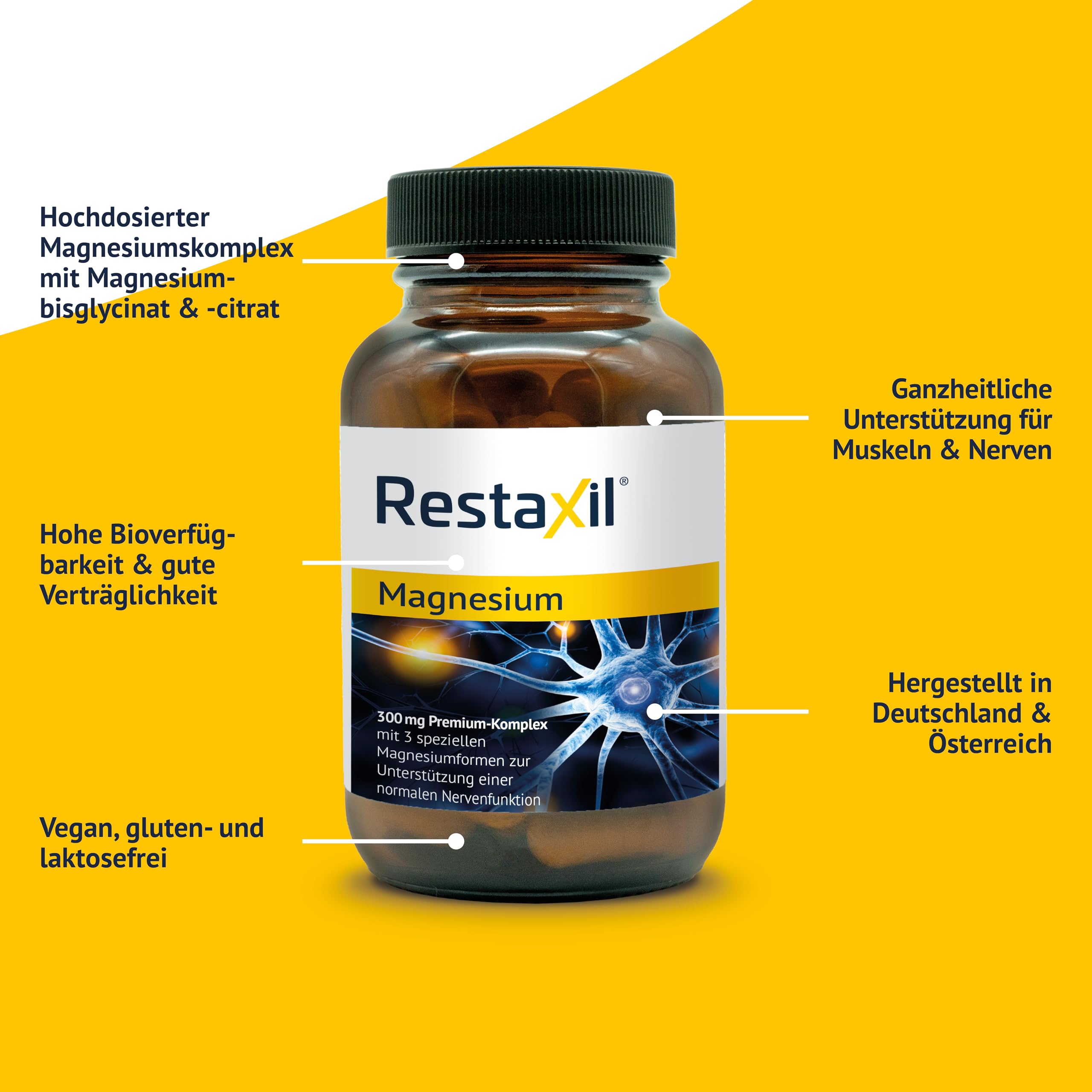 Restaxil® Magnesium [60 Stück] – Premium-Magnesium-Komplex mit Magnesiumbisglycinat, Citrat & Oxid – vegan, gluten- & laktosefrei, in Deutschland hergestellt
