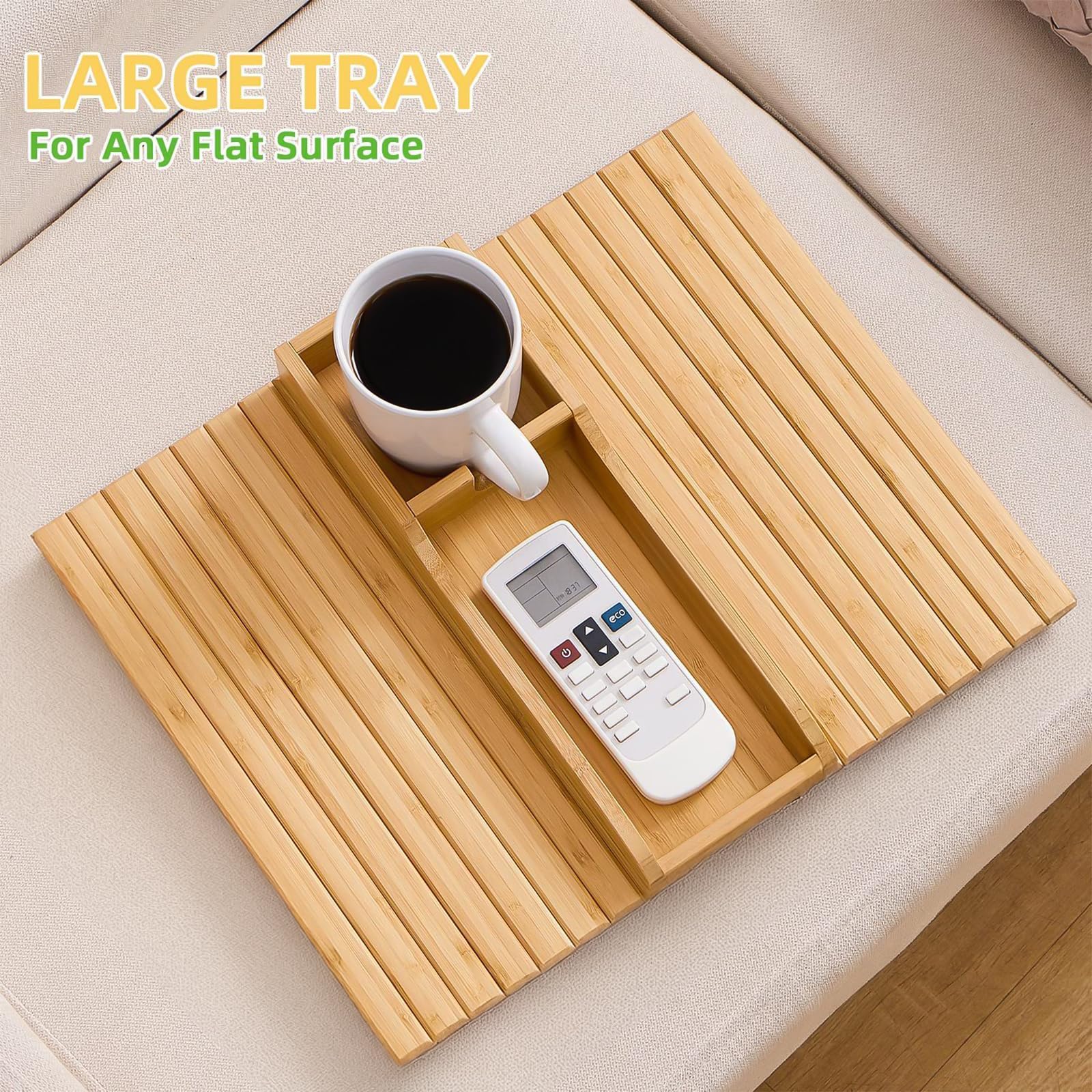 Sofatablett Armlehne, Bambus Couch Tablett Couch Armlehnentisch mit Tassenmatten, Faltbarer Rutschfestes Sofa Tablett Sofa Armlehnenablage Sofa Armlehne Ablage für Snacks (Becherhalter Stil)