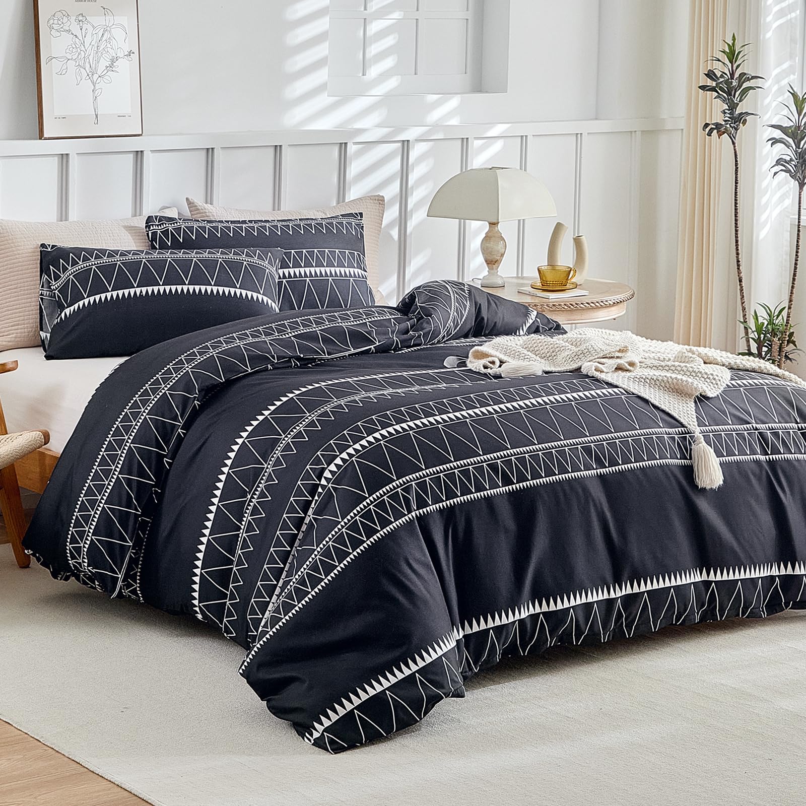 Lekesky Super King Duvet Set Black Bedding Boho Stripe Print Duvet Cover Sets Super King Size (1x Quilt Cover - Image 2