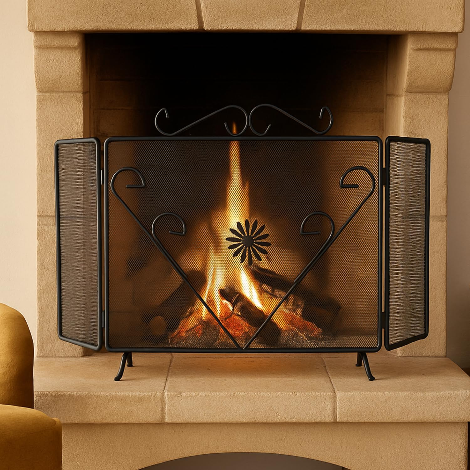MOHOME Parascintille per Camino Angolare Nero Ferro Battuto Design Floreale 45 x 100 cm Cuore Griglia Paraschizzi Made in Italy Caminetto Parafuoco Protezione per Stufa Caminetti Accessori per Camino