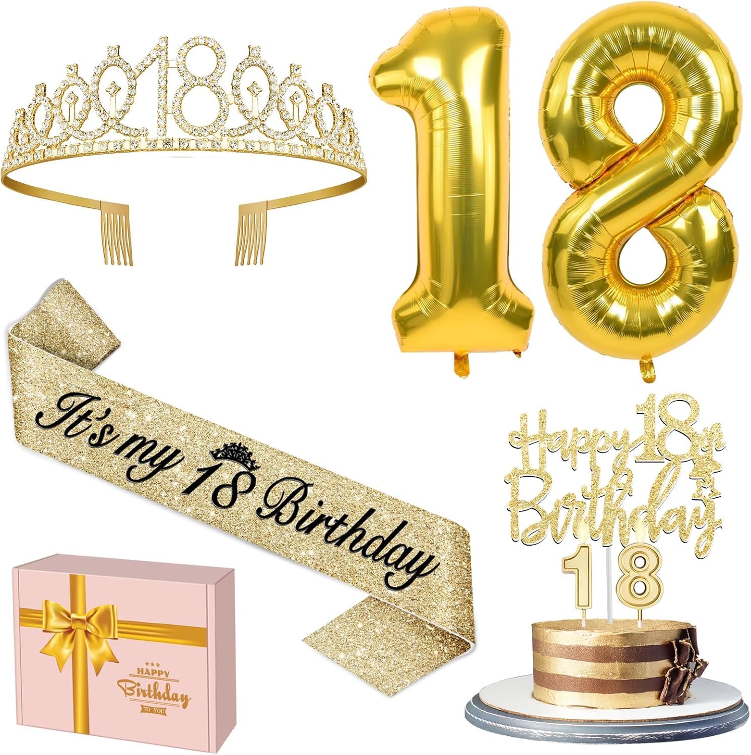 Amosking 18 Geburtstag Mädchen Deko Gold | 18 Geburtstag Krone, Schärpe, Tortendeko, Kerzen, Luftballons, Deko 18. Geburtstag Mädchen – Amazon Angebot