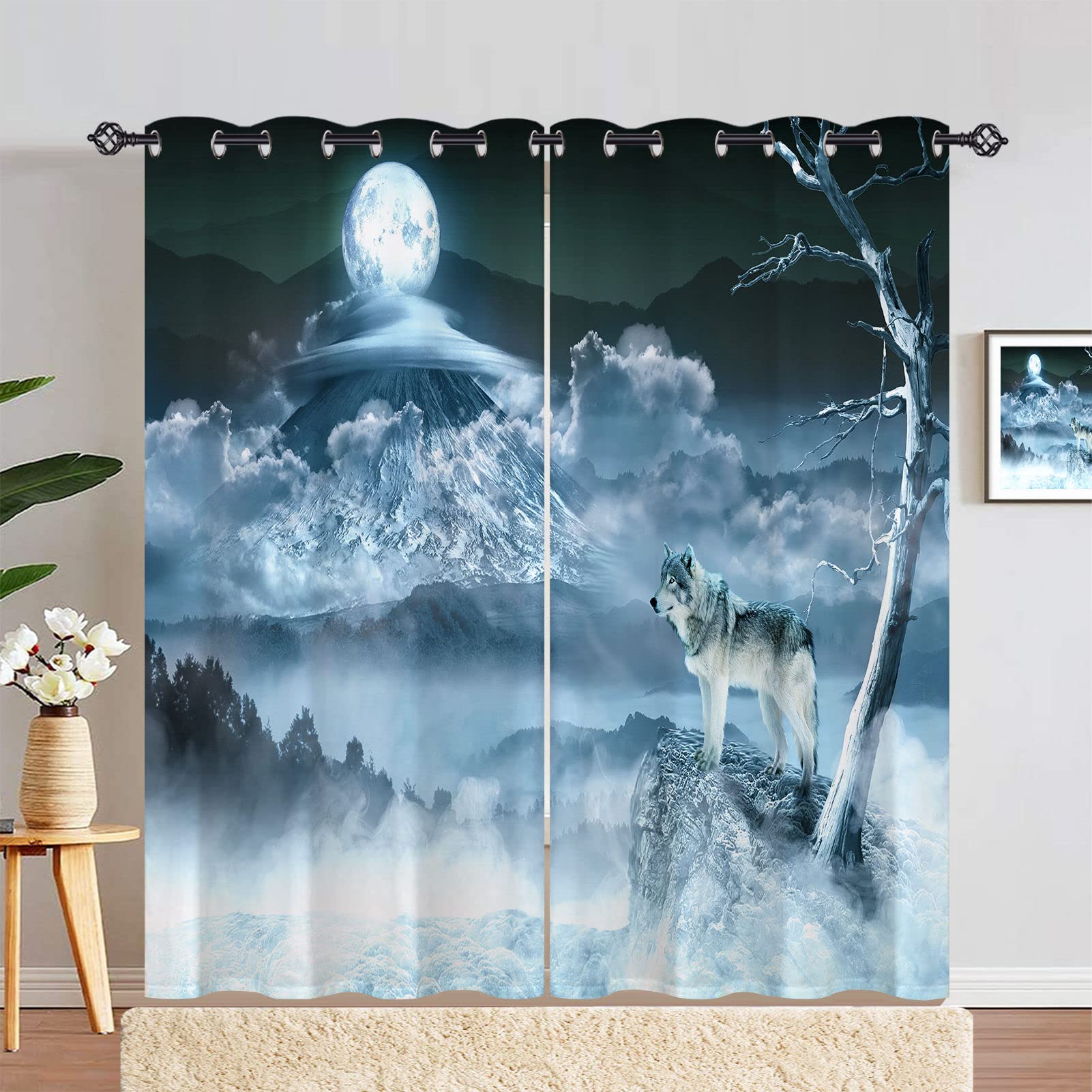 ANHOPE Wolf Curtains Eyelet 80% Blackout Curtains with Winter Forest Mountain Moon Wolf Print Pattern Thermal Soundproof Decorative Window Drapes for Bedroom Living Room Kitchen 55 x 72 Inch 2 Panels