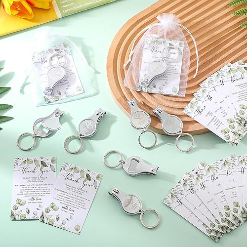 Miniatura 5 de Fulmoon 50 juegos de abrebotellas multifunción para boda, cortaúñas, recuerdos de boda, cervecería, 50 tarjetas, 50 bolsas de organza blanca para