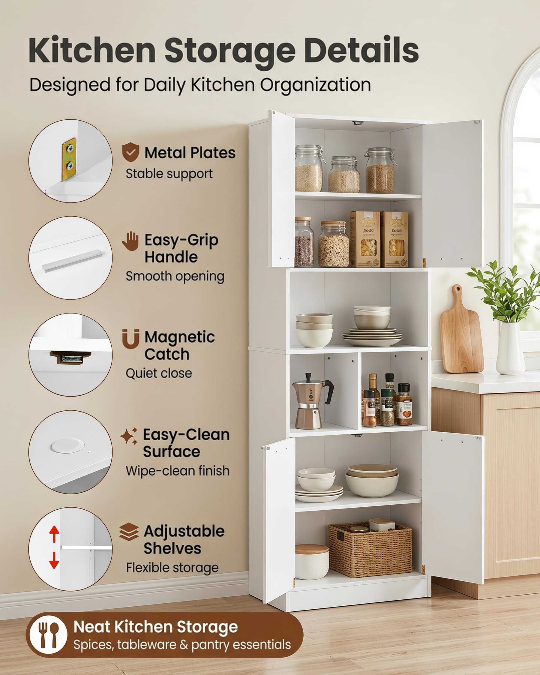 Meuble Cuisine 60x40x180.5cm Armoire Rangement Avec Étagères Réglables Buffet Colonne pour Cuisine Salon Salle de Bain Blanc