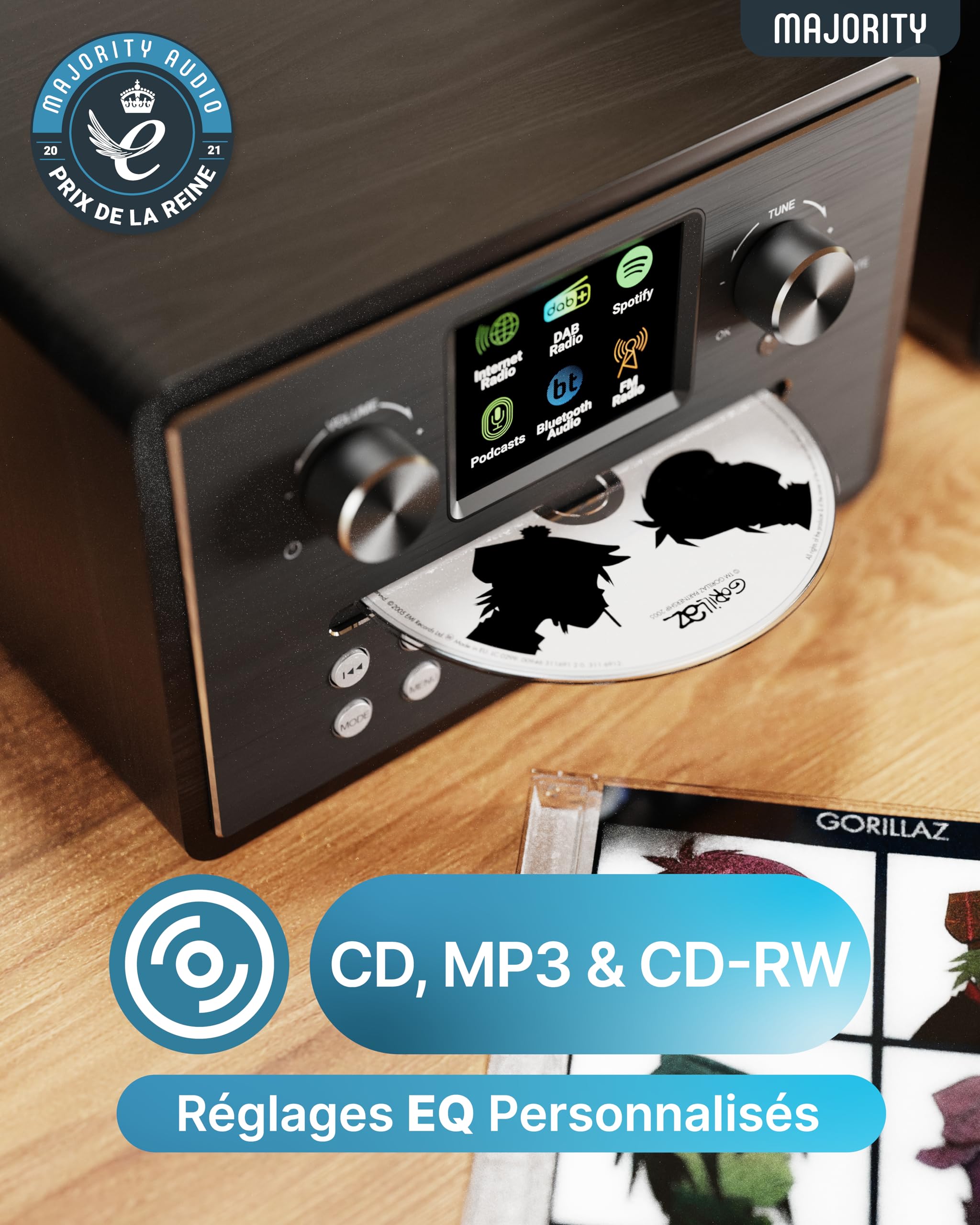 MAJORITY Homerton HiFi Bluetooth 5.3 Chaine HiFi Radio Internet | Radio Dab+ et FM | Lecteur CD Spotify Connect et Podcasts | Système Stéréo avec 60W Enceintes | Télécommande & l'application OKTIV
