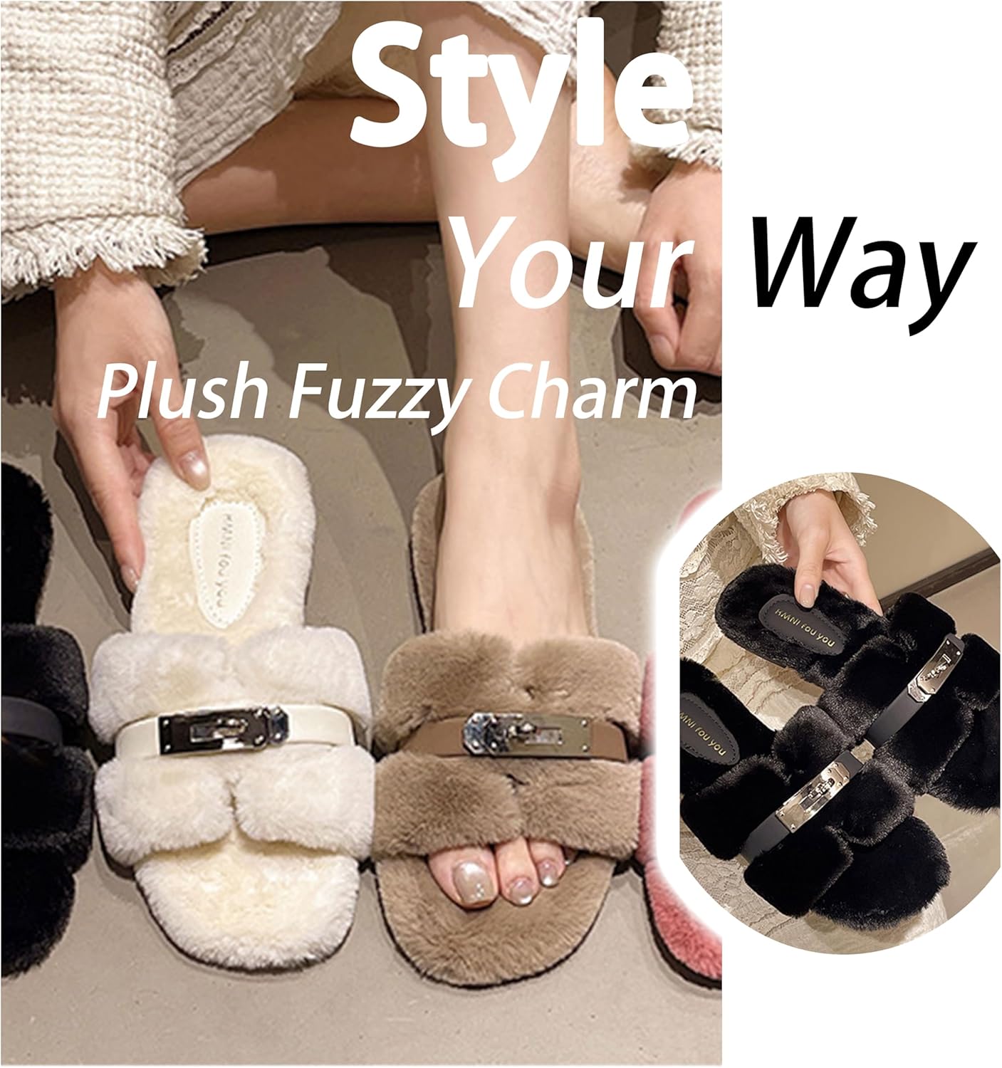 Women's Plush Slippers with Metal Decor - Trendy Fuzzy Fashion Slides, Super Light & Non - slip Sole, Cute for Home & Outdoor - Image 7