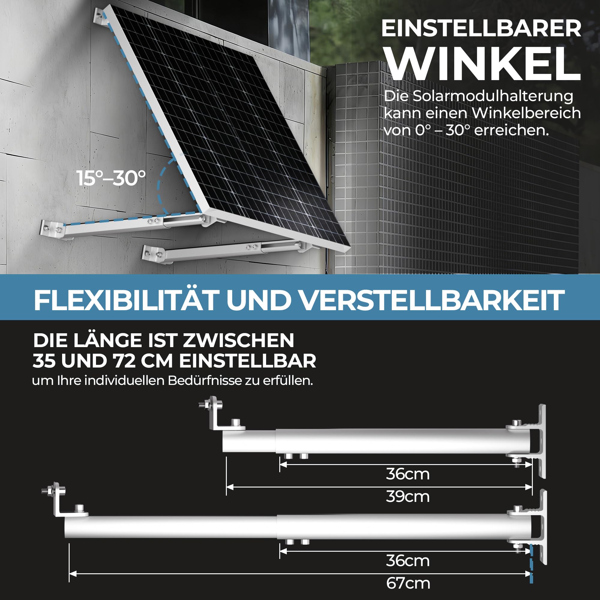 Balkonkraftwerk Solarmodul 2 Paneele SET 15°-30° solarpanel halterung Flachdach Verstelbar Photovoltaik Universal Wand Flachdachmontage for 100W-600W, PV Module Einfache Befestigung
