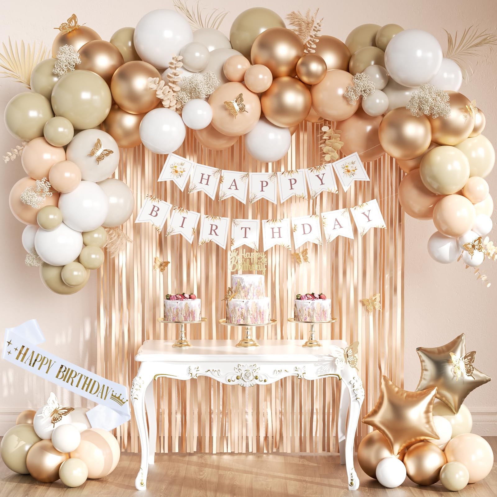 Geburtstagsdeko Beige Champagner Gold, Deko Geburtstag Retro Beige und Champagner Gold Set, Happy Birthday Banner, Luftballons, Schärpe, Vorhang für Frauen Geburtstag Deko
