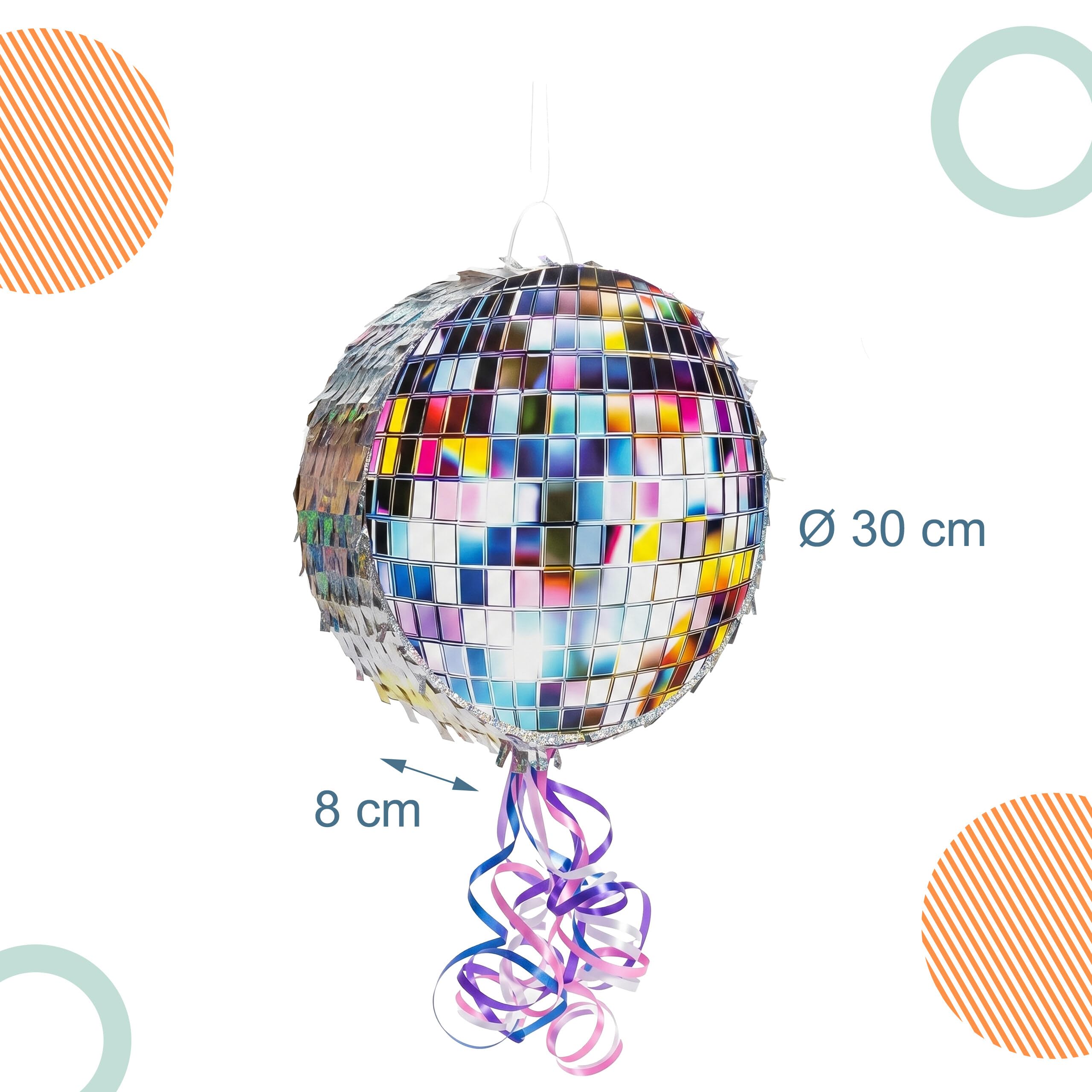 Relaxdays Pinata kula dyskotekowa z prętem i maską, Partypinata dla dzieci, szpinata urodzinowa, do napełniania, dł. x gł.: 30 x 8 cm, srebrna