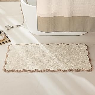 Ohocut Luxury Microfiber Scalloped Runner Rug, Beige Sand Scalloped Piping Long Bathroom Rug Boho Farmhouse Bath Mat for Bathroom, Tub, Sink, Shower, Anti Slip, Extra Soft, Absorbent, 47x24