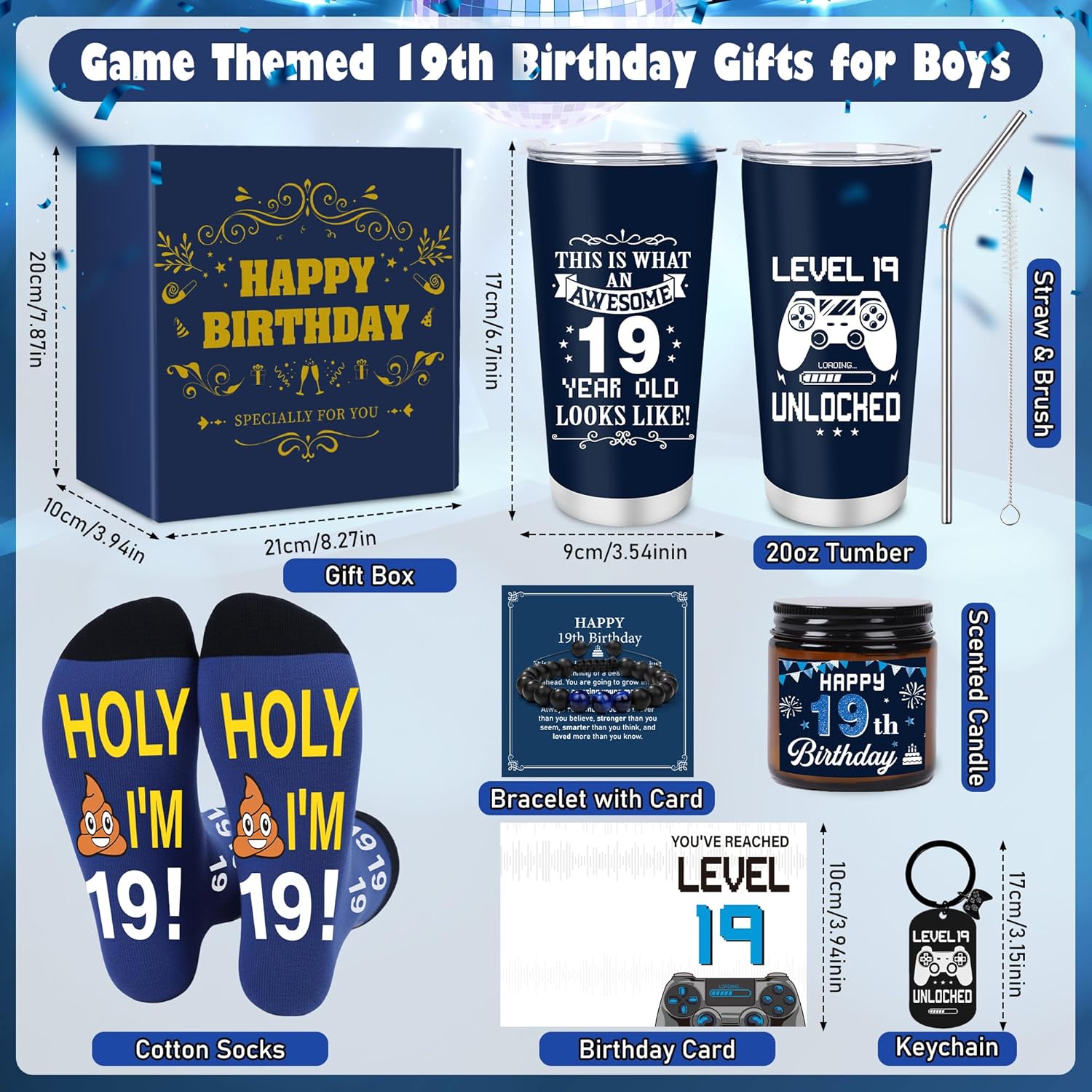 Keluna 19th Birthday Gifts for Boys - 19 Year Old Boy Birthday Gifts Idea with 20 Oz Tumbler, Bracelet, Socks, Keychain, Greeting Card for Son, Nephew, Grandson, Brother, Boyfriend Christmas