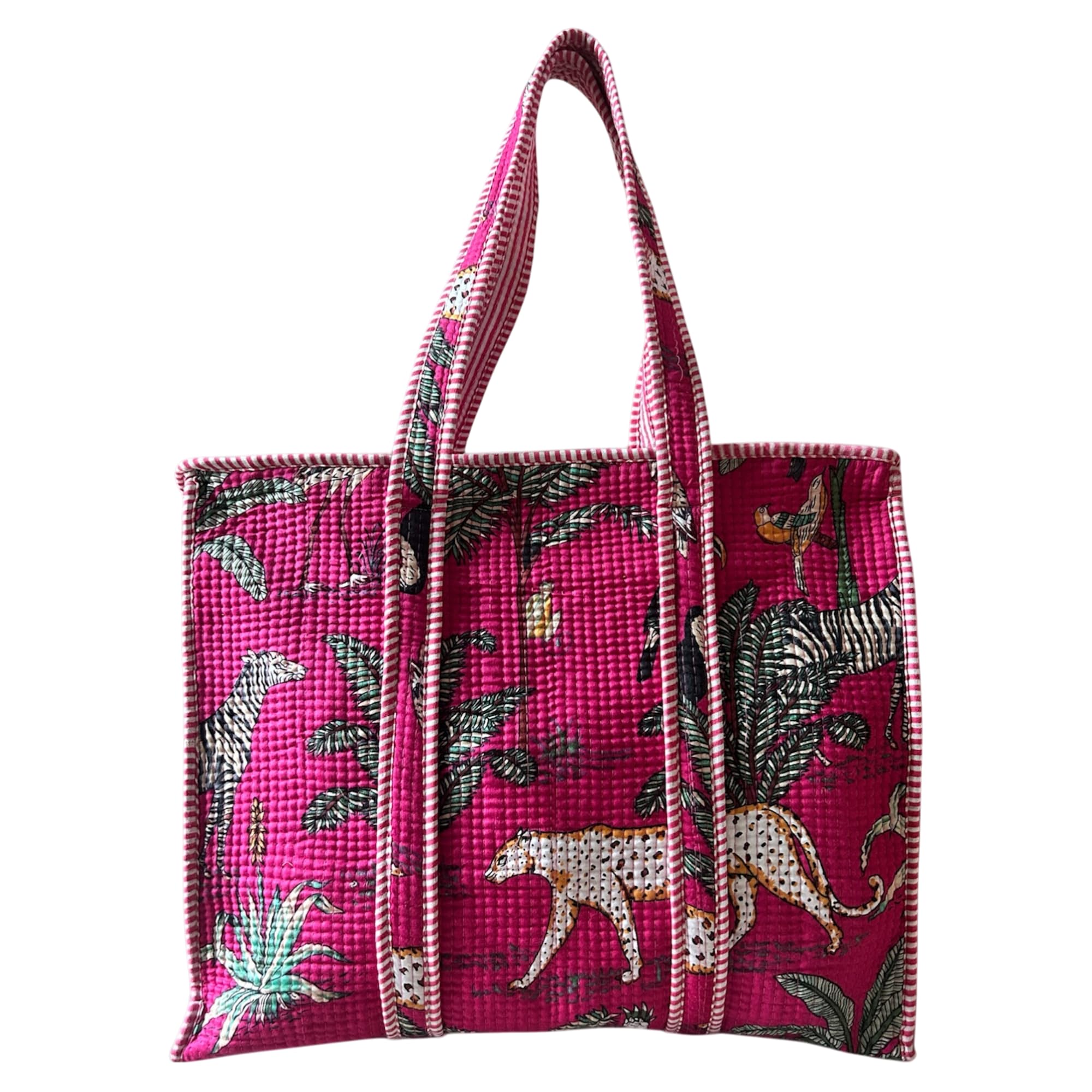 Handcrafted Quilted Cotton Tote Bag for Women, Printed Shoulder Bag with Jungle Animal Pattern, Lightweight Reusable Shopping & Daily Carry Tote, Large Size 18 x 18 x 5 Inches-picture-39