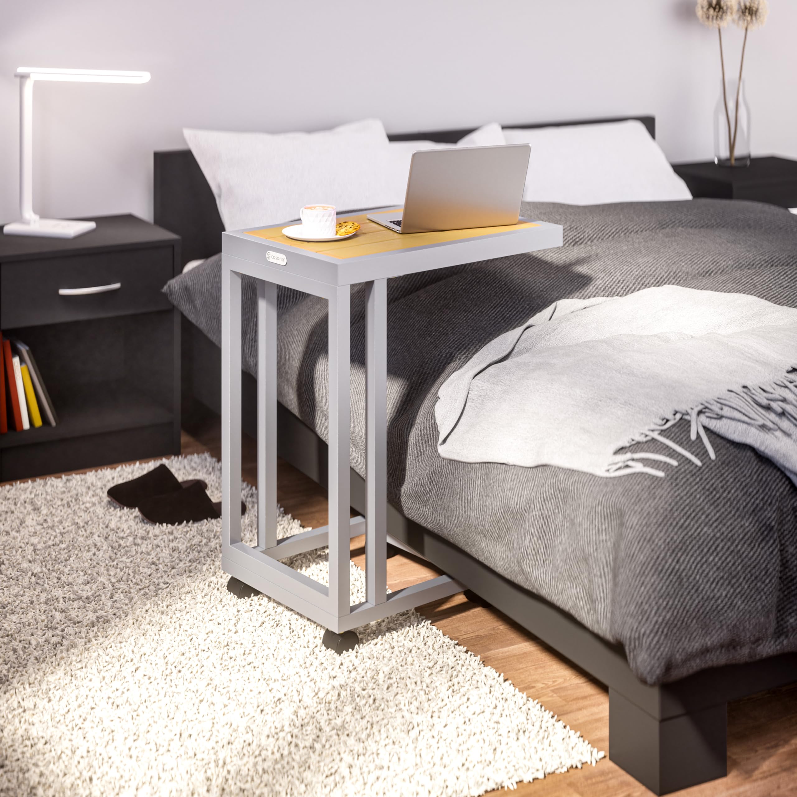 Casaria® Tavolo a C 50x40x66cm Piano in metallo WPC Portata 25 kg con Ruote Tavolino da Salotto Tavolino per Esterno